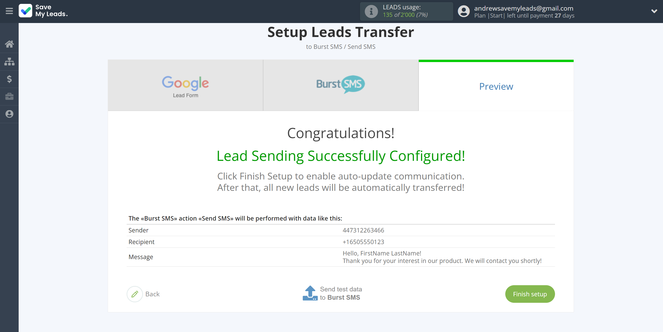 How to Connect Google Lead Form with Burst SMS | Test data