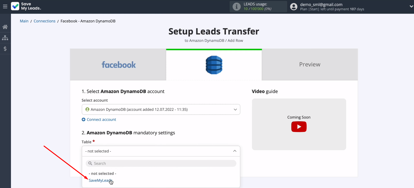 Facebook and Amazon DynamoDB integration | Select the table