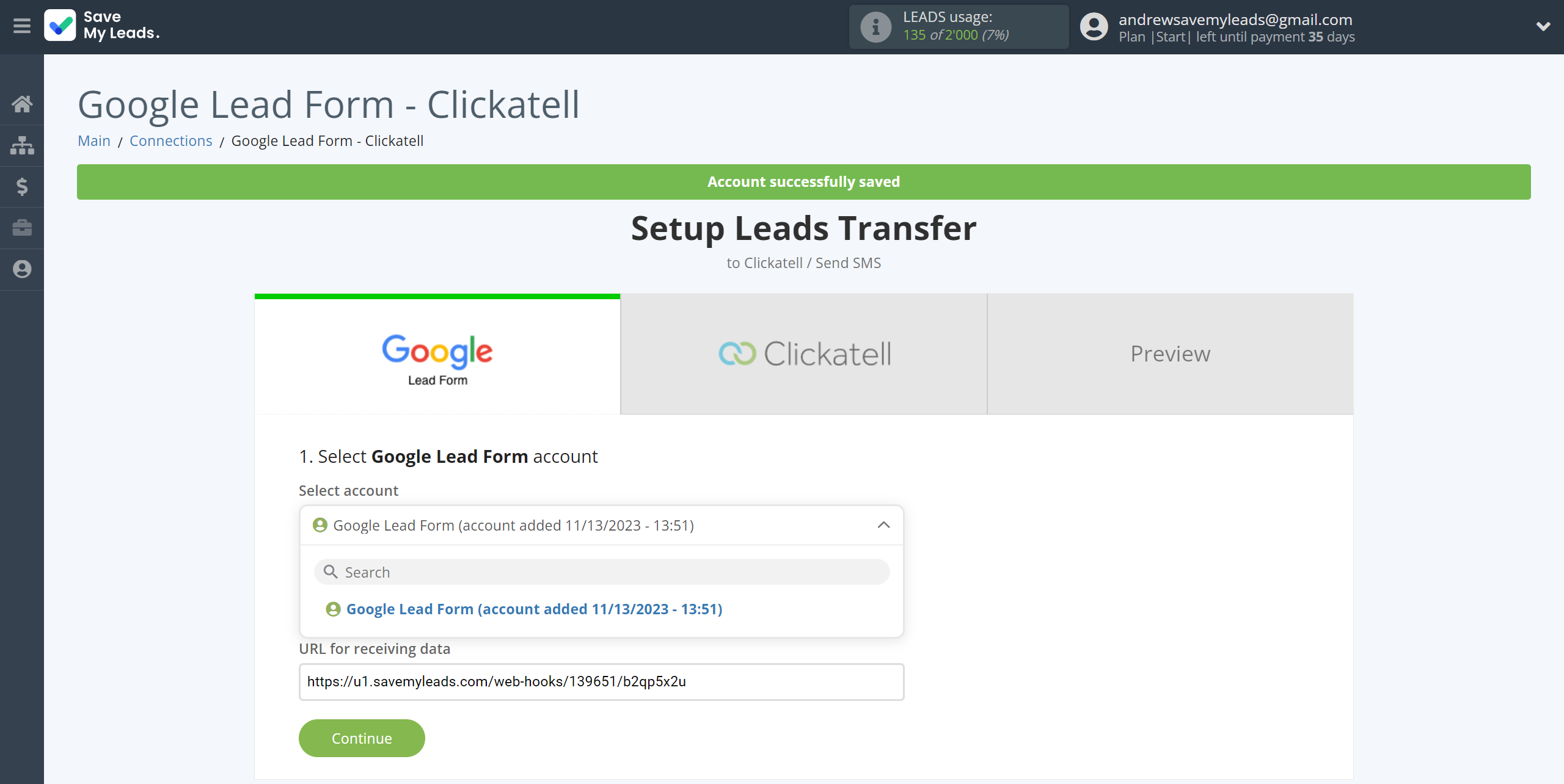 How to Connect Google Lead Form with Clickatell | Data Source account selection