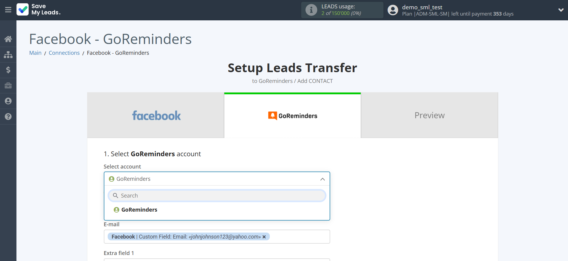 How to Connect Facebook with GoReminders | Data Destination account selection How to Connect Facebook with GoReminders | Data Destination account selection