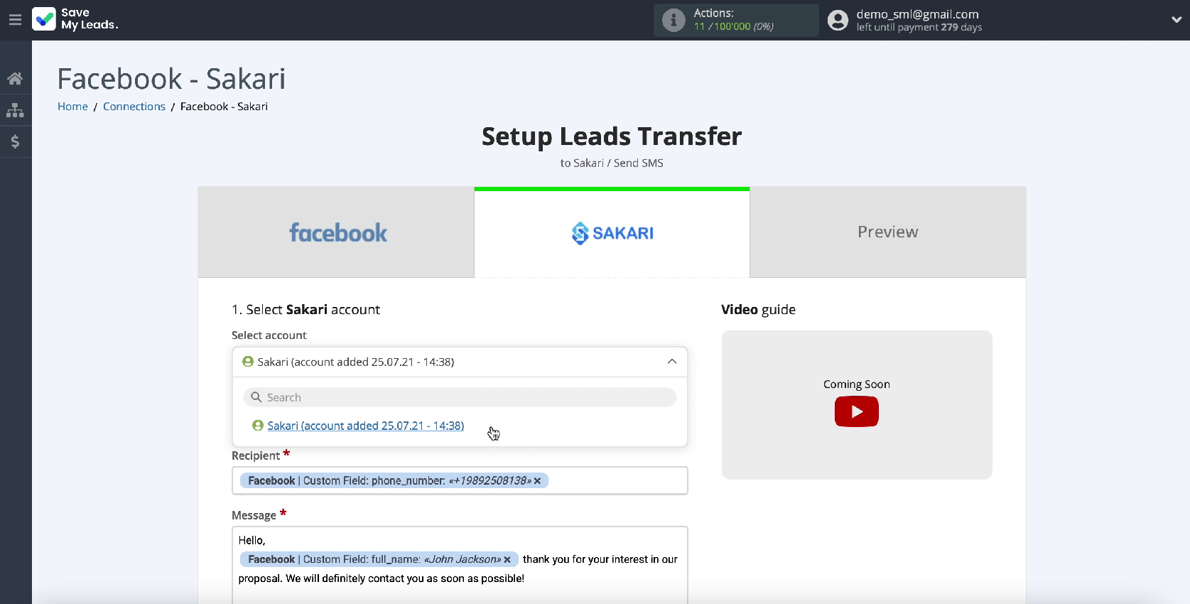 How to Send SMS via Sakari from New Facebook Leads | Select your account How to Send SMS via Sakari from New Facebook Leads | Select your account