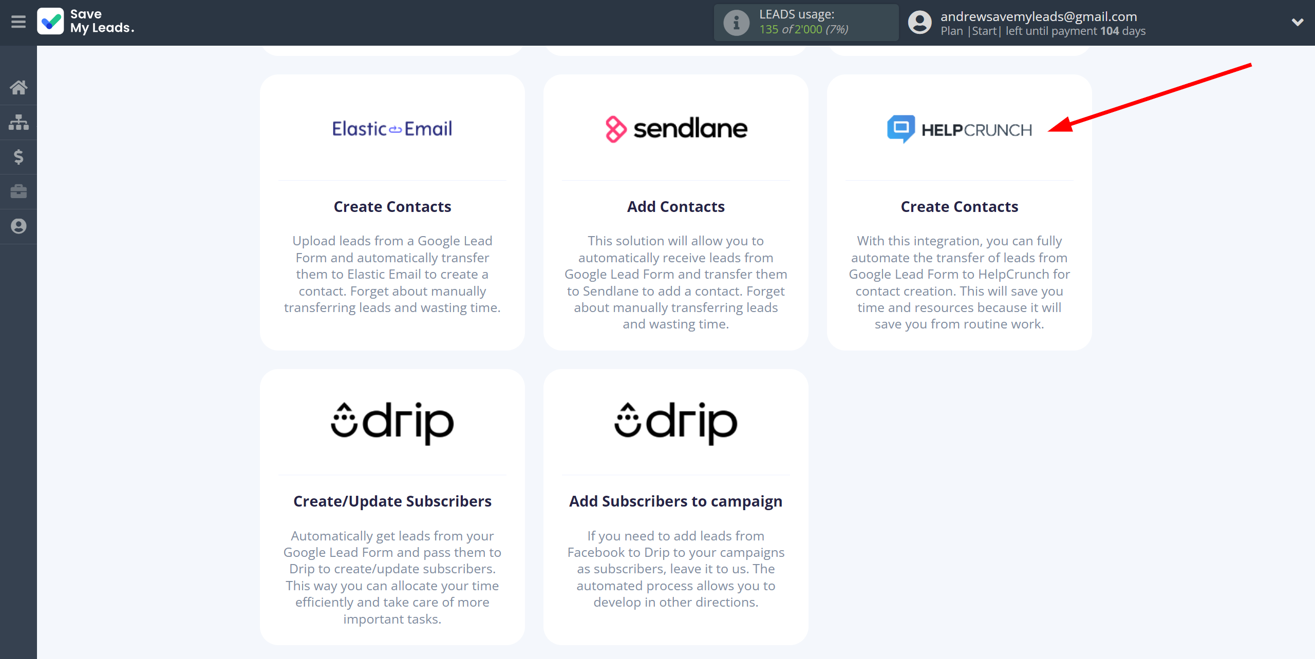 How to Connect Google Lead Form with HelpCrunch Create Contacts | Data Destination system selection