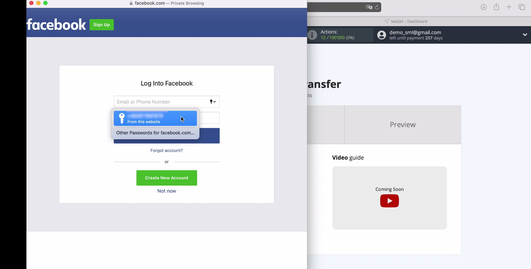 Facebook and Mailjet integration | Enter your username and password
