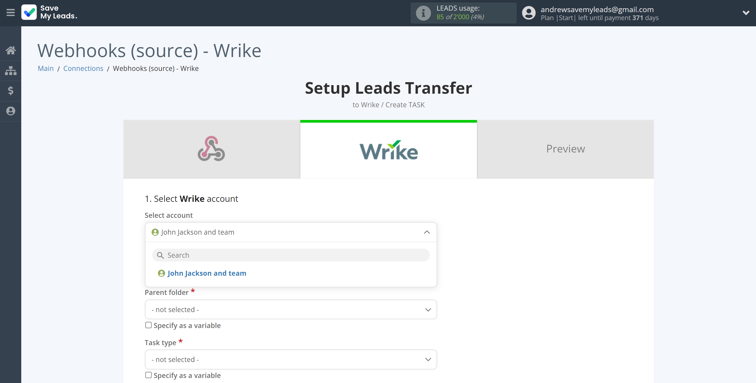 How to Connect Webhooks with Wrike | Data Destination account selection