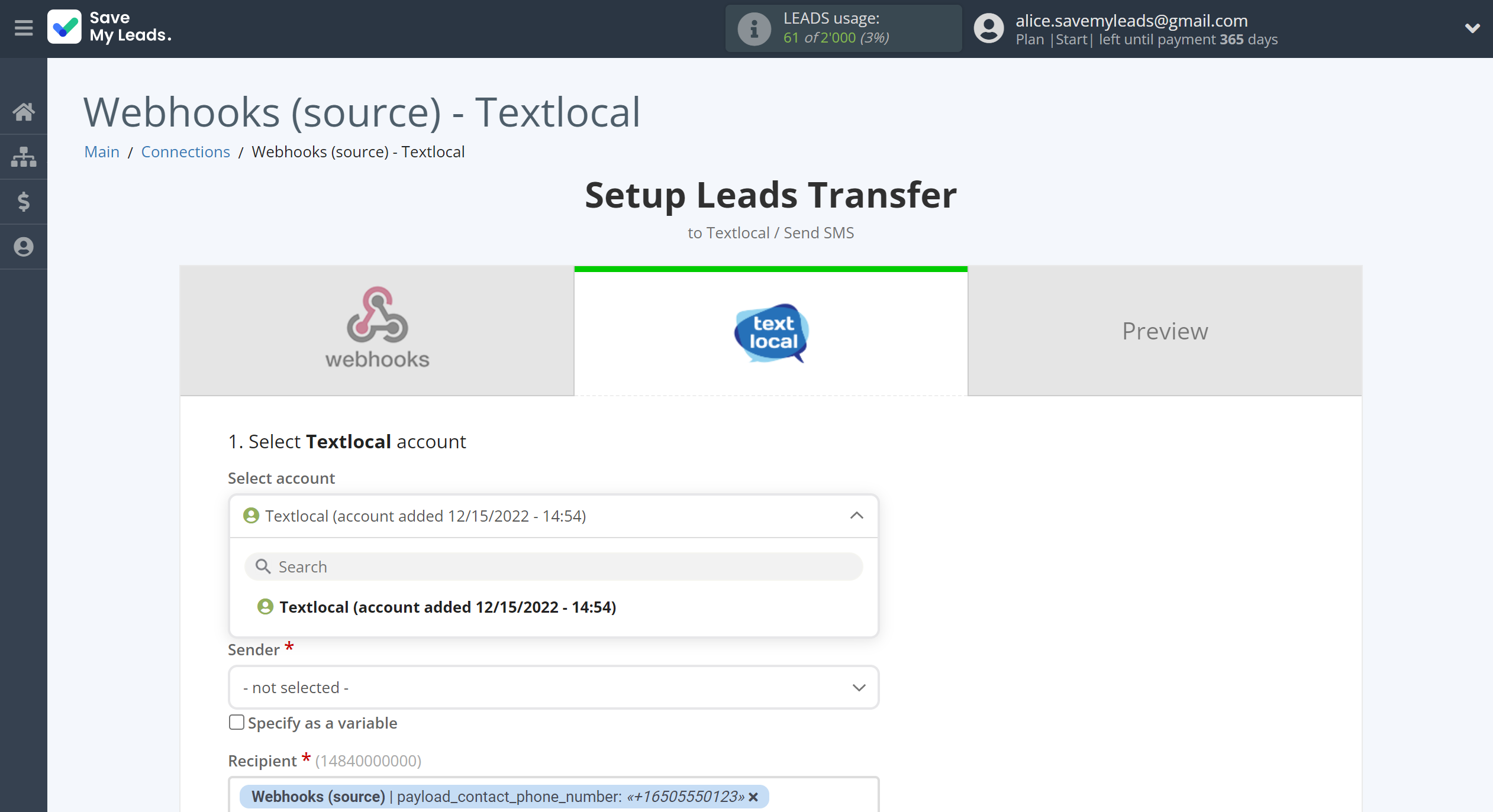 How to Connect Webhooks with Textlocal | Data Destination account selection