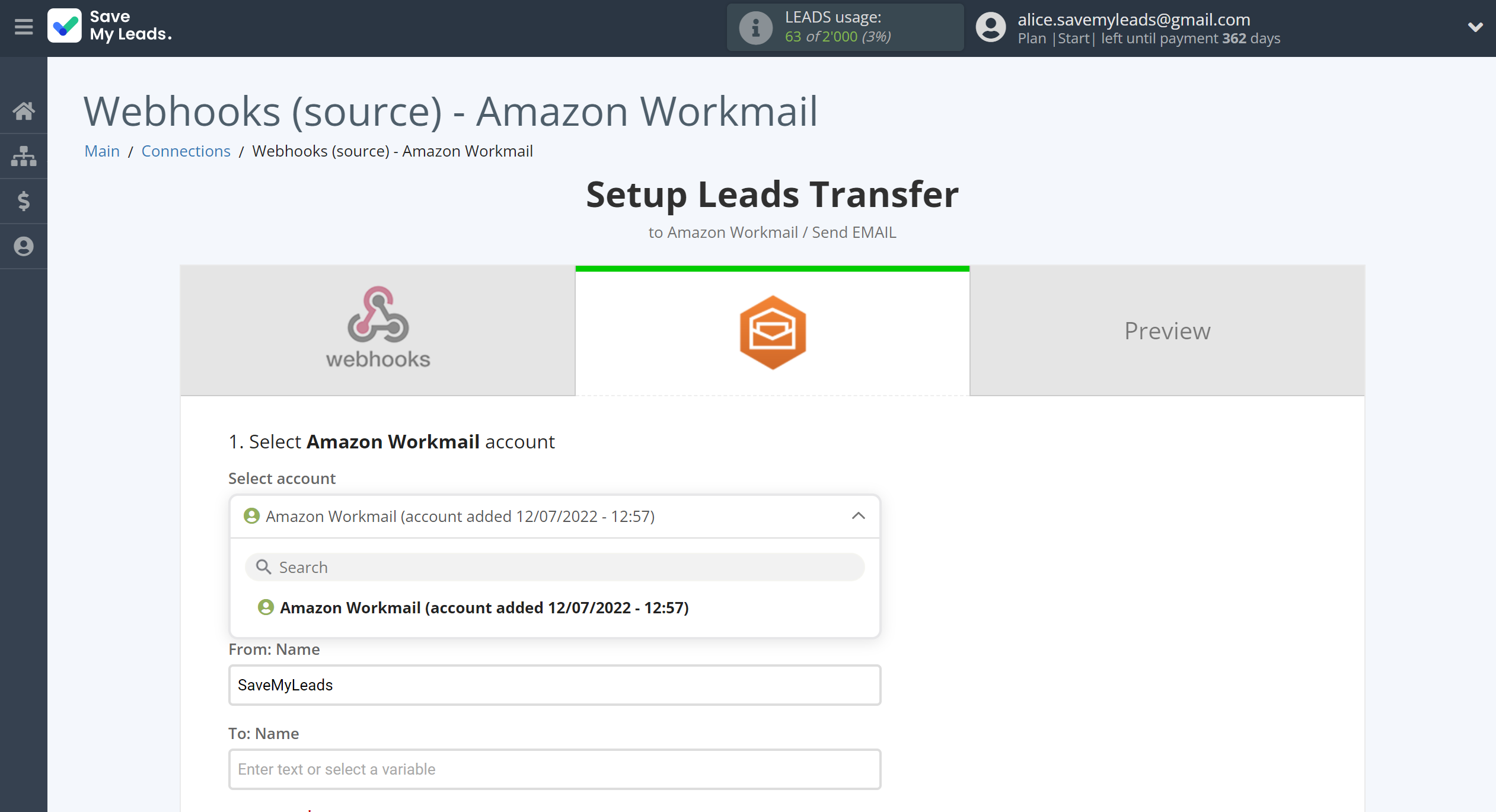 How to Connect Webhooks with Amazon Workmail | Data Destination account selection