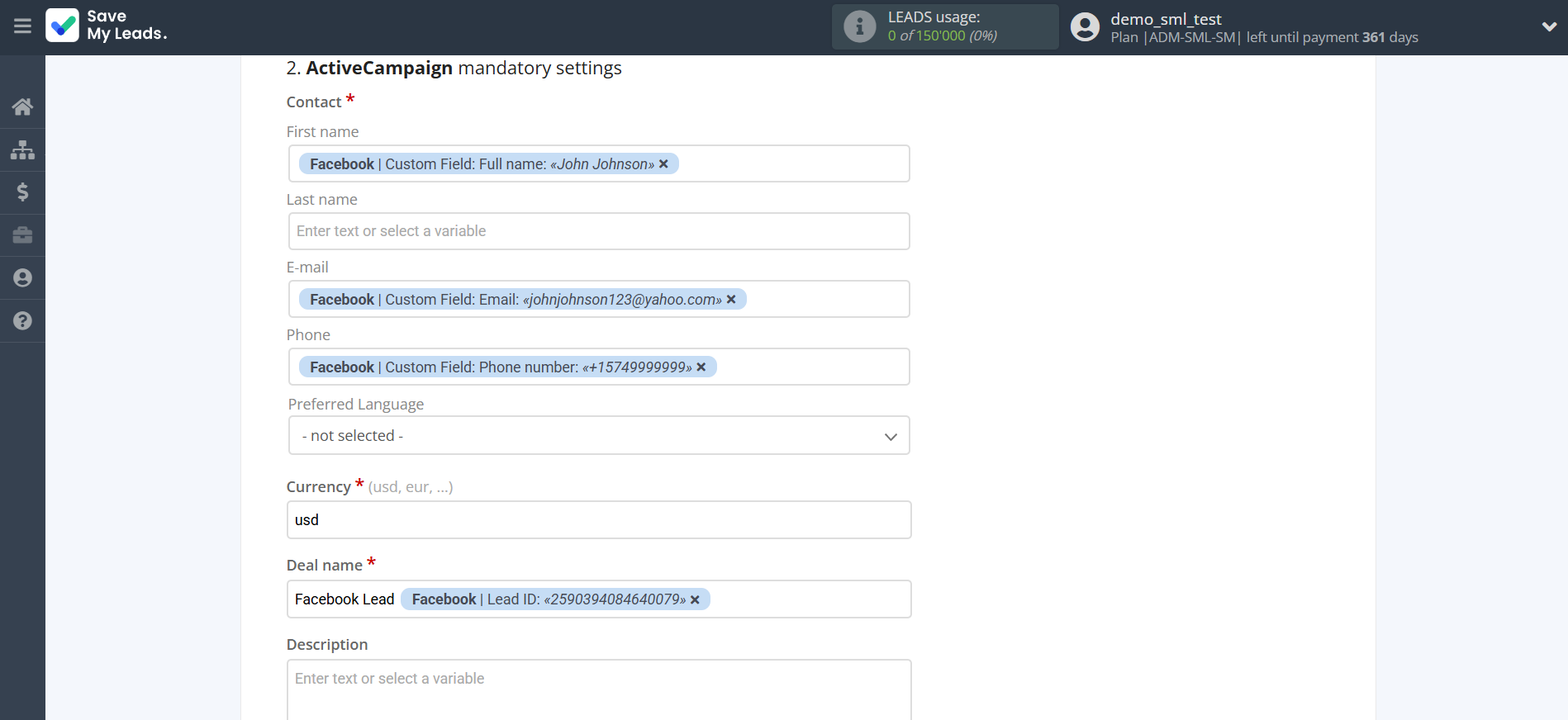 How to Connect Facebook with ActiveCampaign Create Deal | Assigning fields