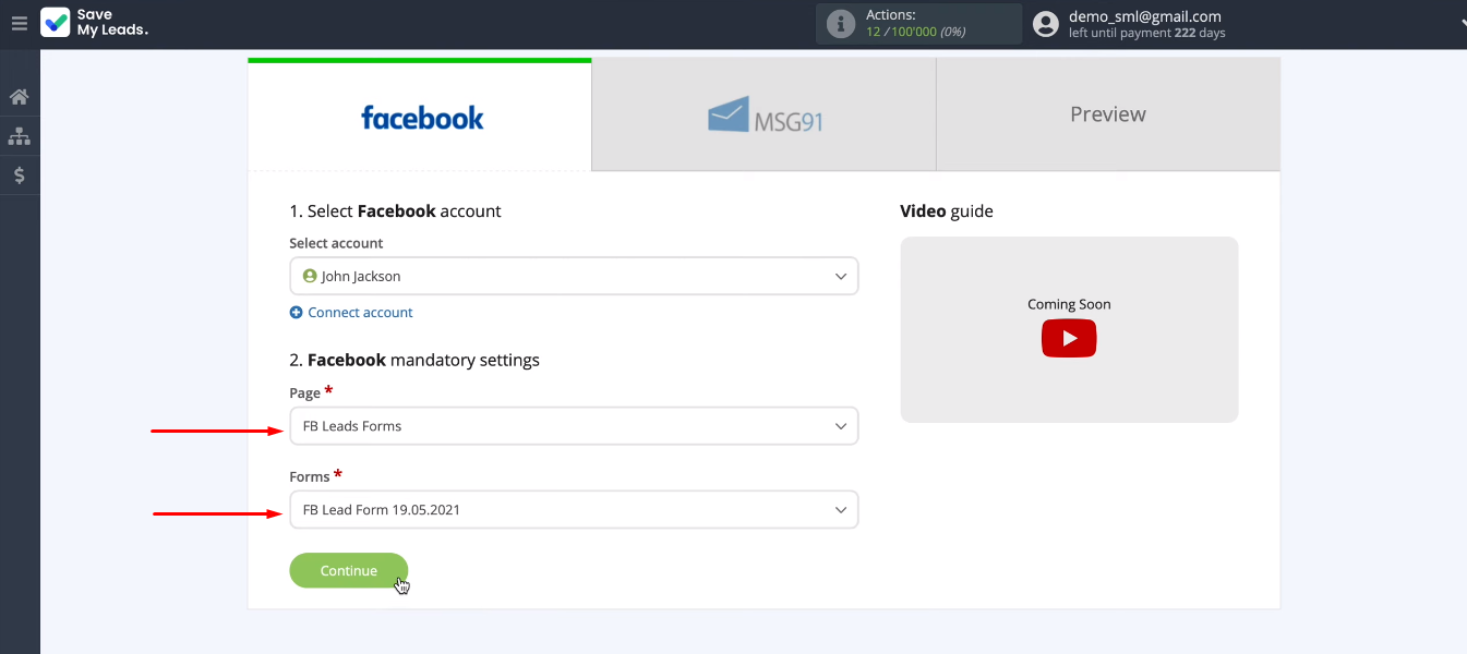 Facebook and MSG91 integration | Select page and form