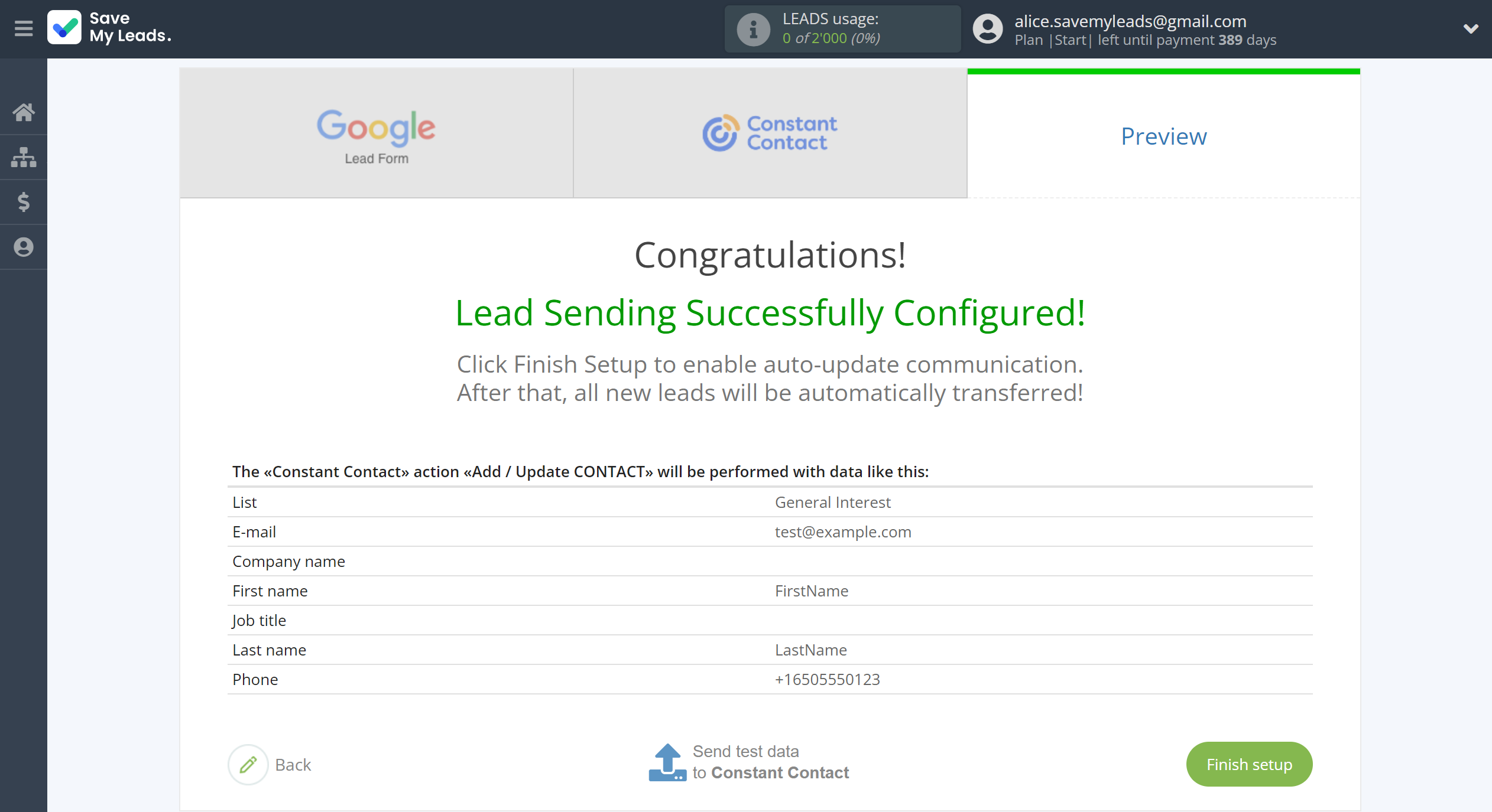 How to Connect Google Lead Form with Constant Contact | Test data