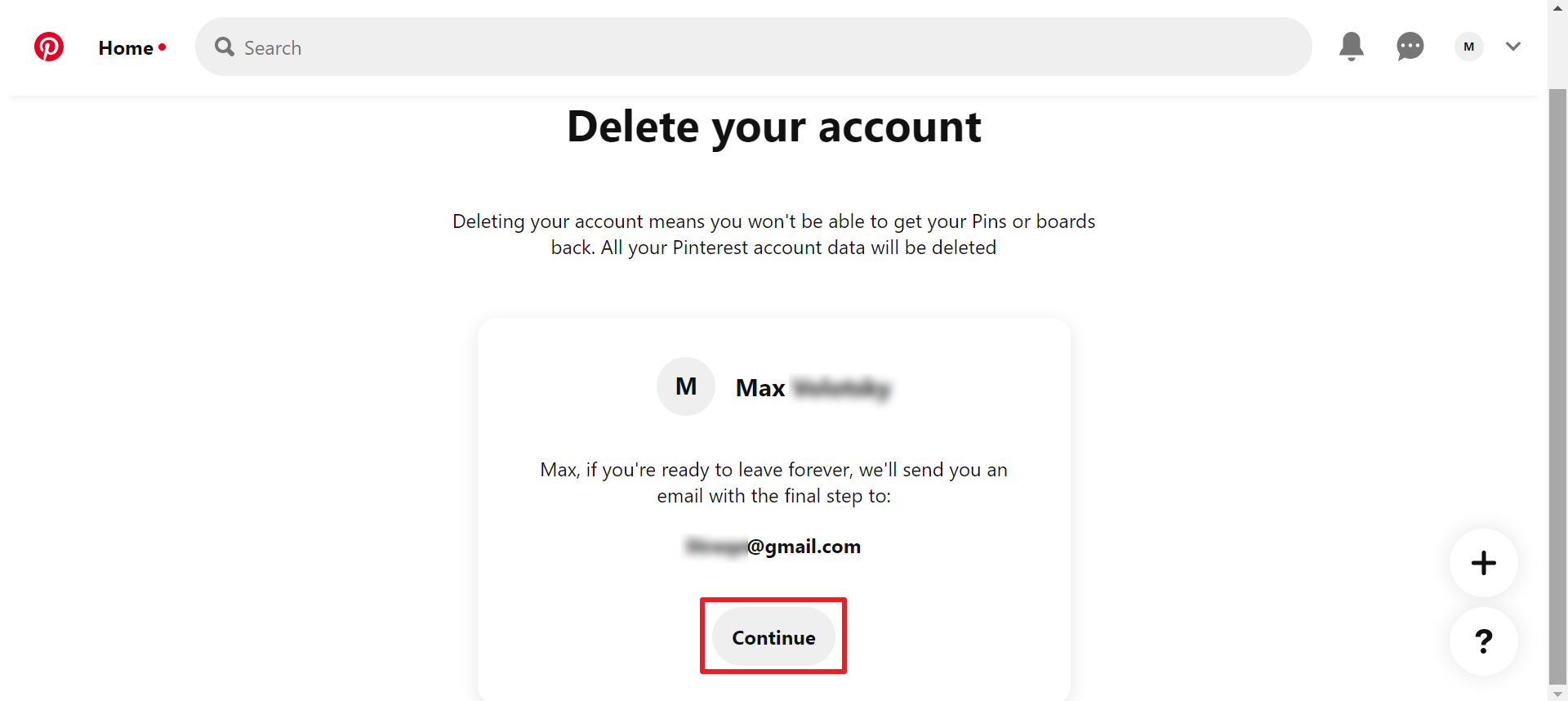 How to delete Pinterest account | Press&nbsp;"Continue"