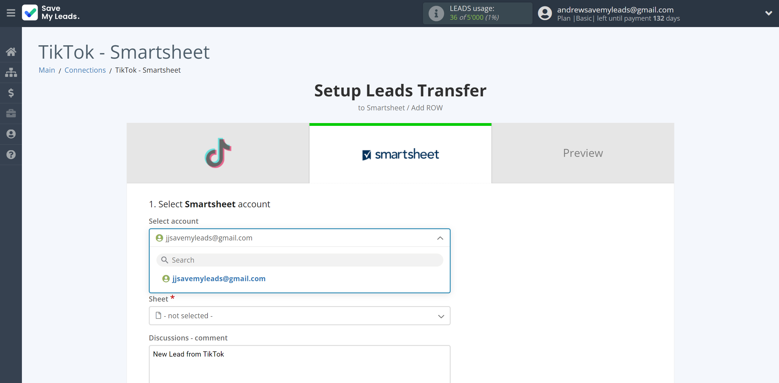 How to Connect TikTok with Smartsheet | Data Destination account selection