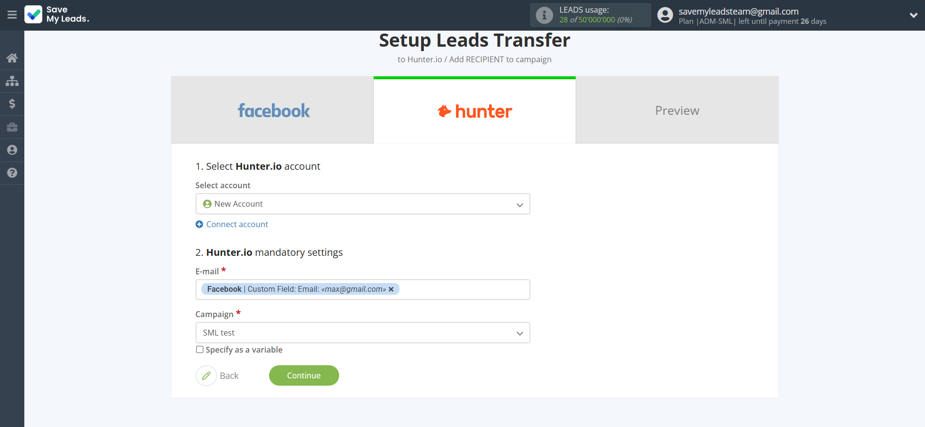 How to Connect Facebook with Hunter.io | Assigning fields