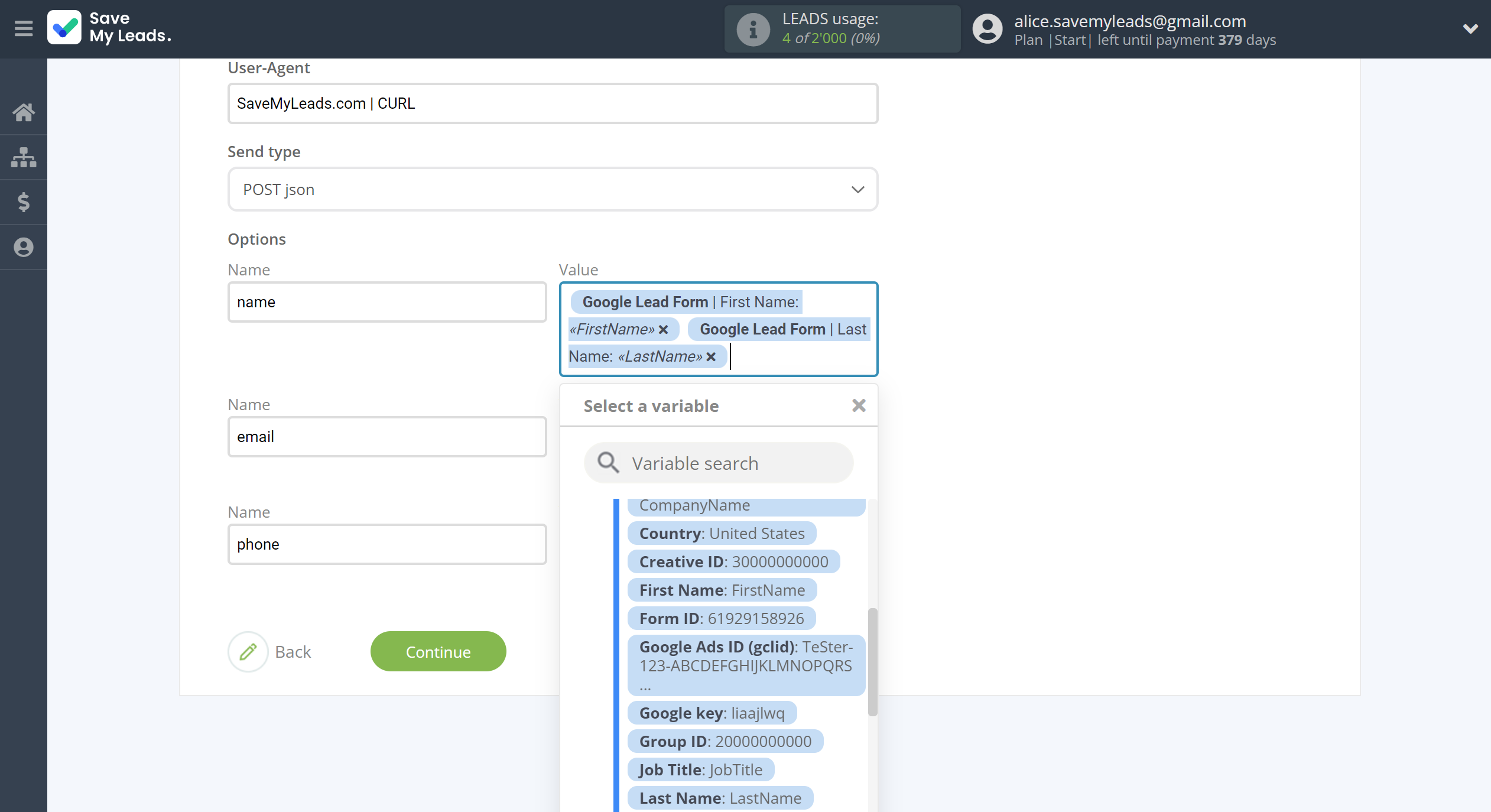 How to Connect Google Lead Form with Corezoid | Assigning fields