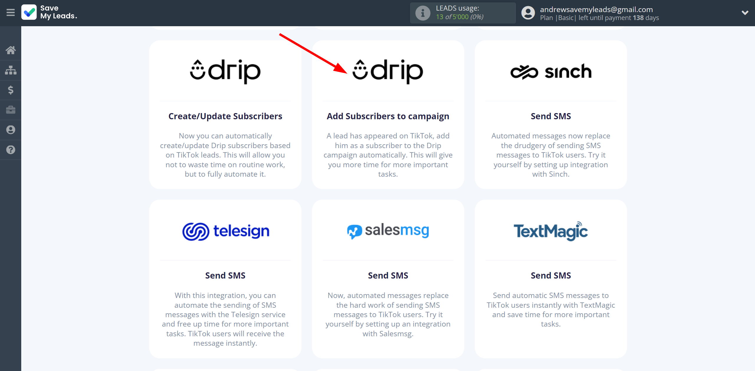 How to Connect TikTok with Drip Add Subscribers to campaign | Data Destination system selection