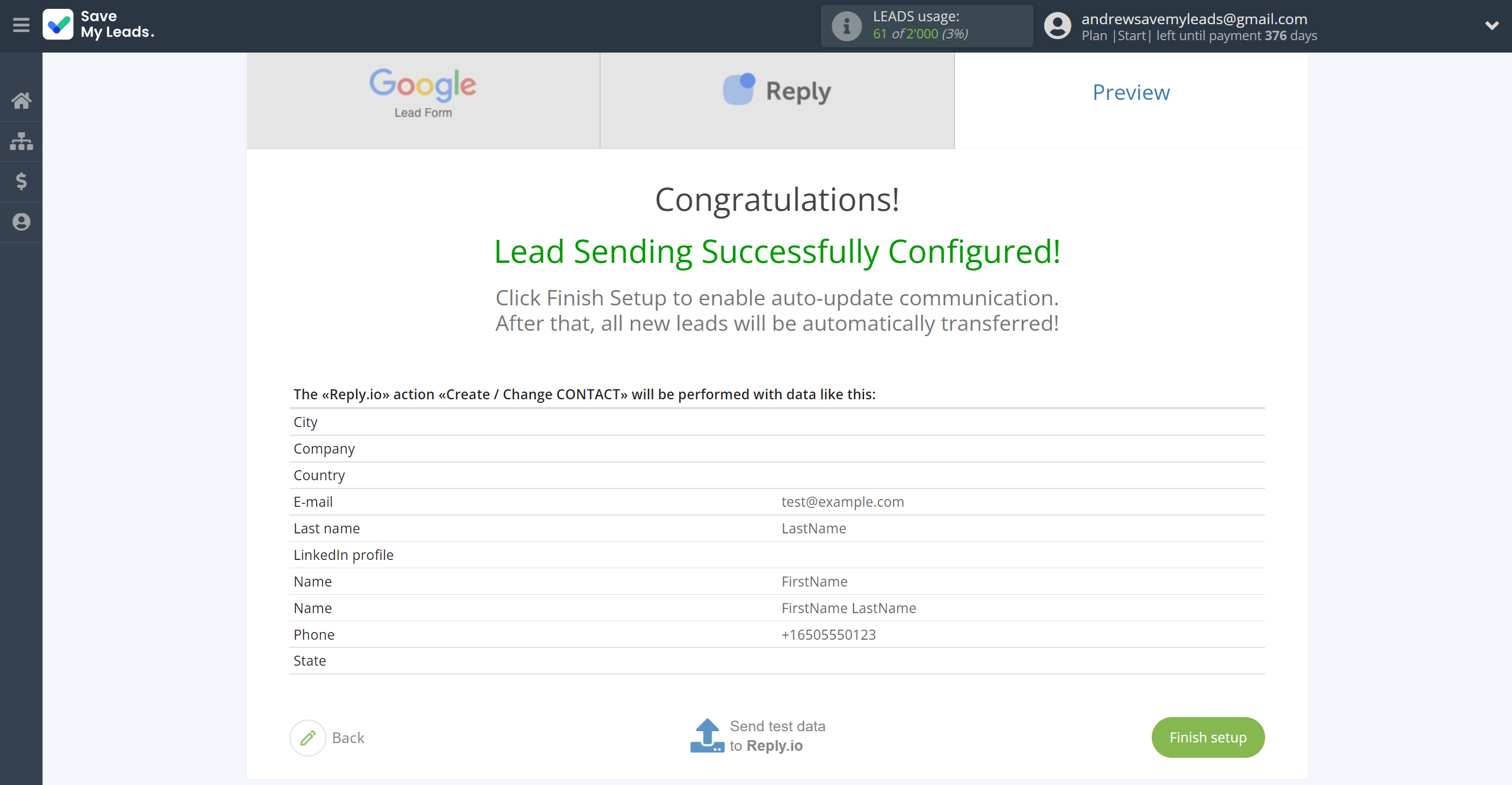 How to Connect Google Lead Form with Reply.io | Test data