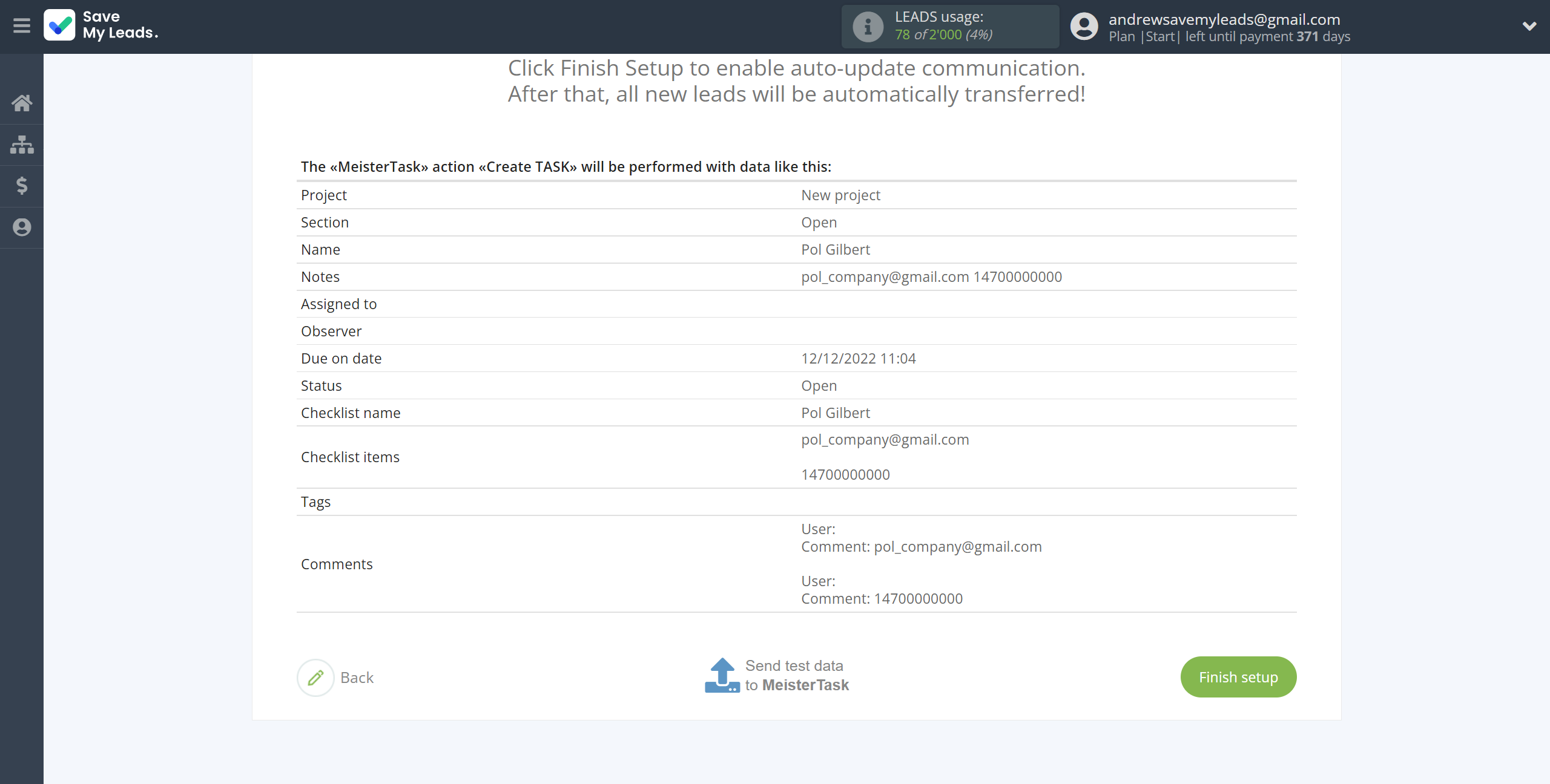 How to Connect Webhooks with MeisterTask | Test data