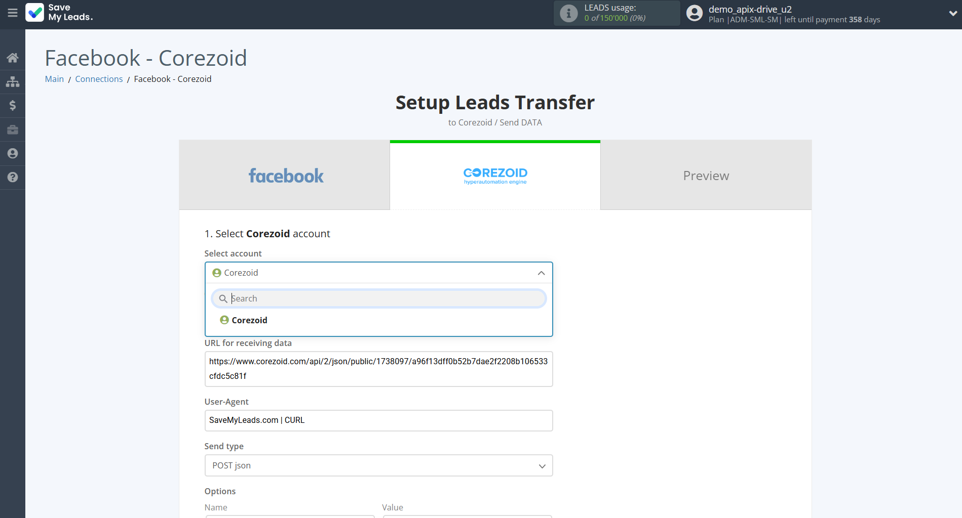How to Connect Facebook with Corezoid | Data Destination account selection
