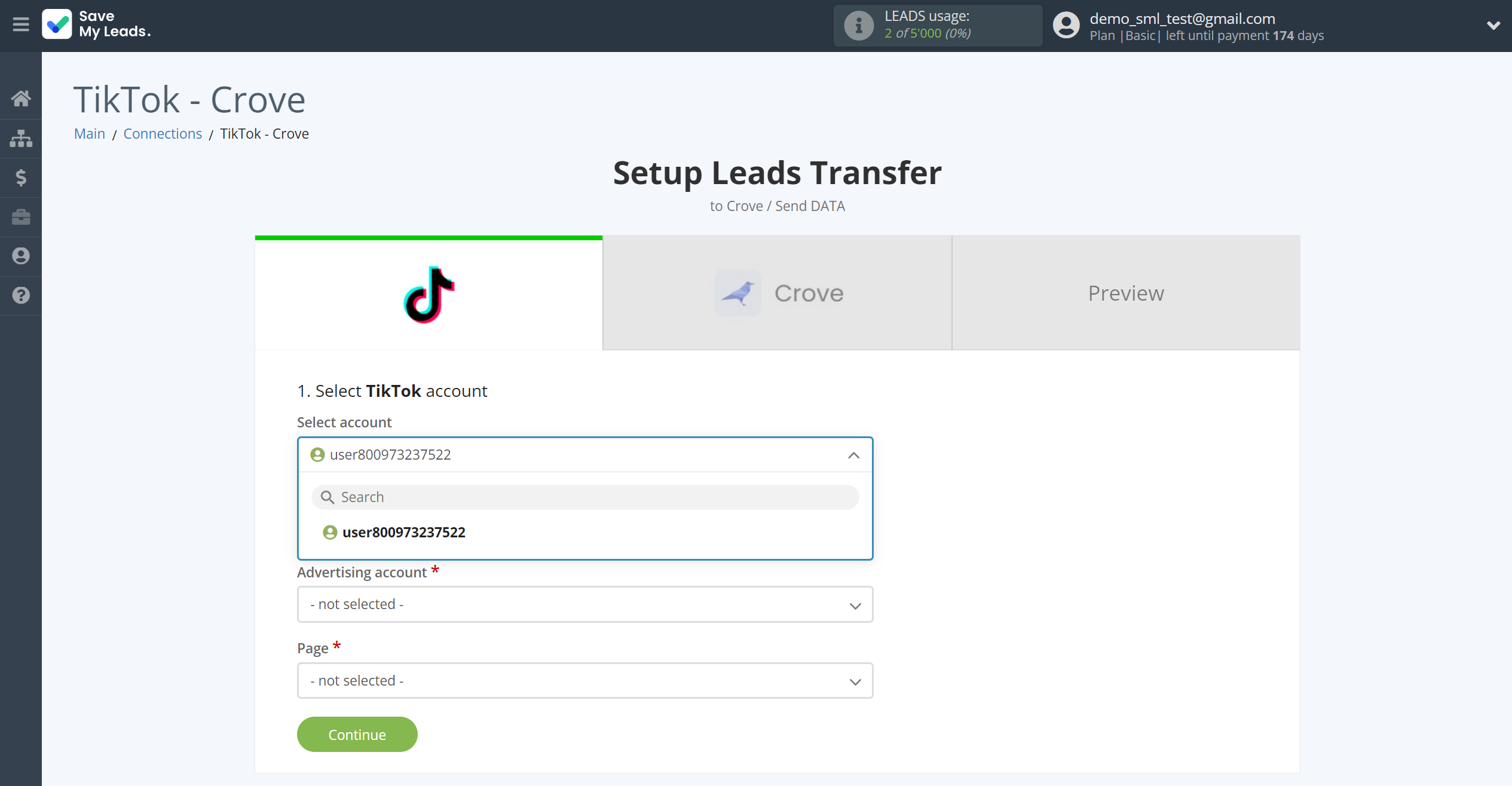 How to Connect TikTok with Crove | Data Source account selection