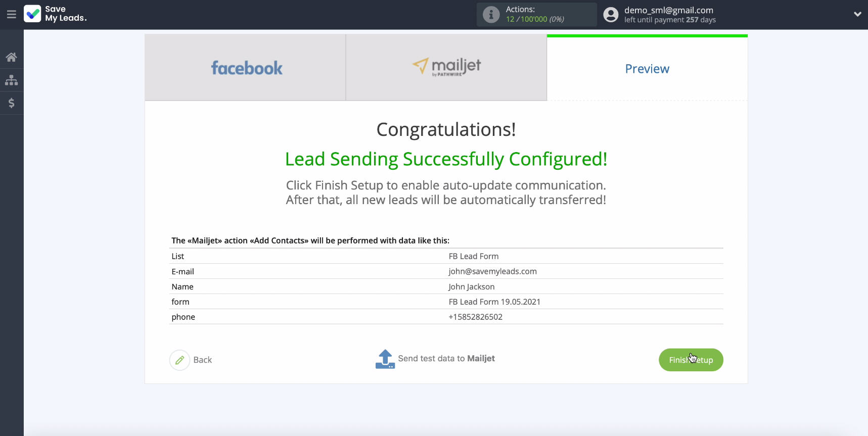Facebook and Mailjet integration | Completing the setup