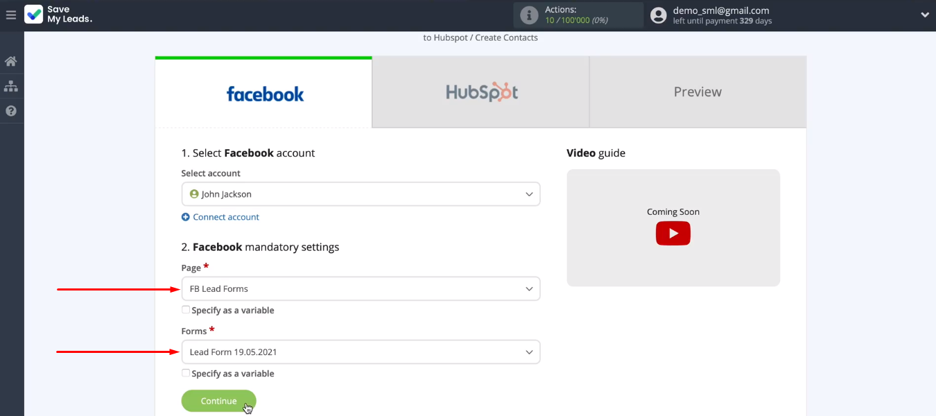 Facebook and Hubspot integration | Define the required parameters