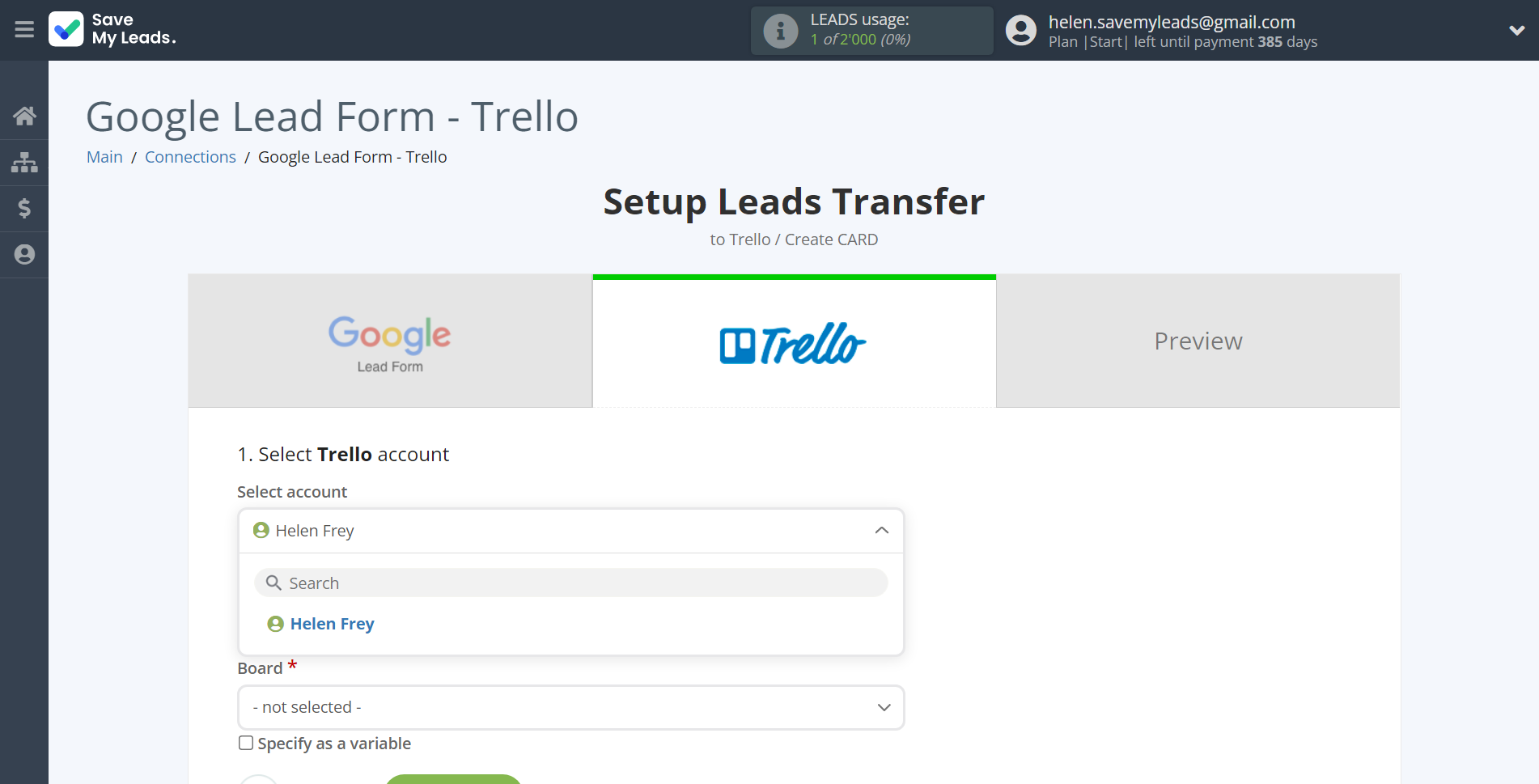 How to Connect Google Lead Form with Trello | Data Destination account selection