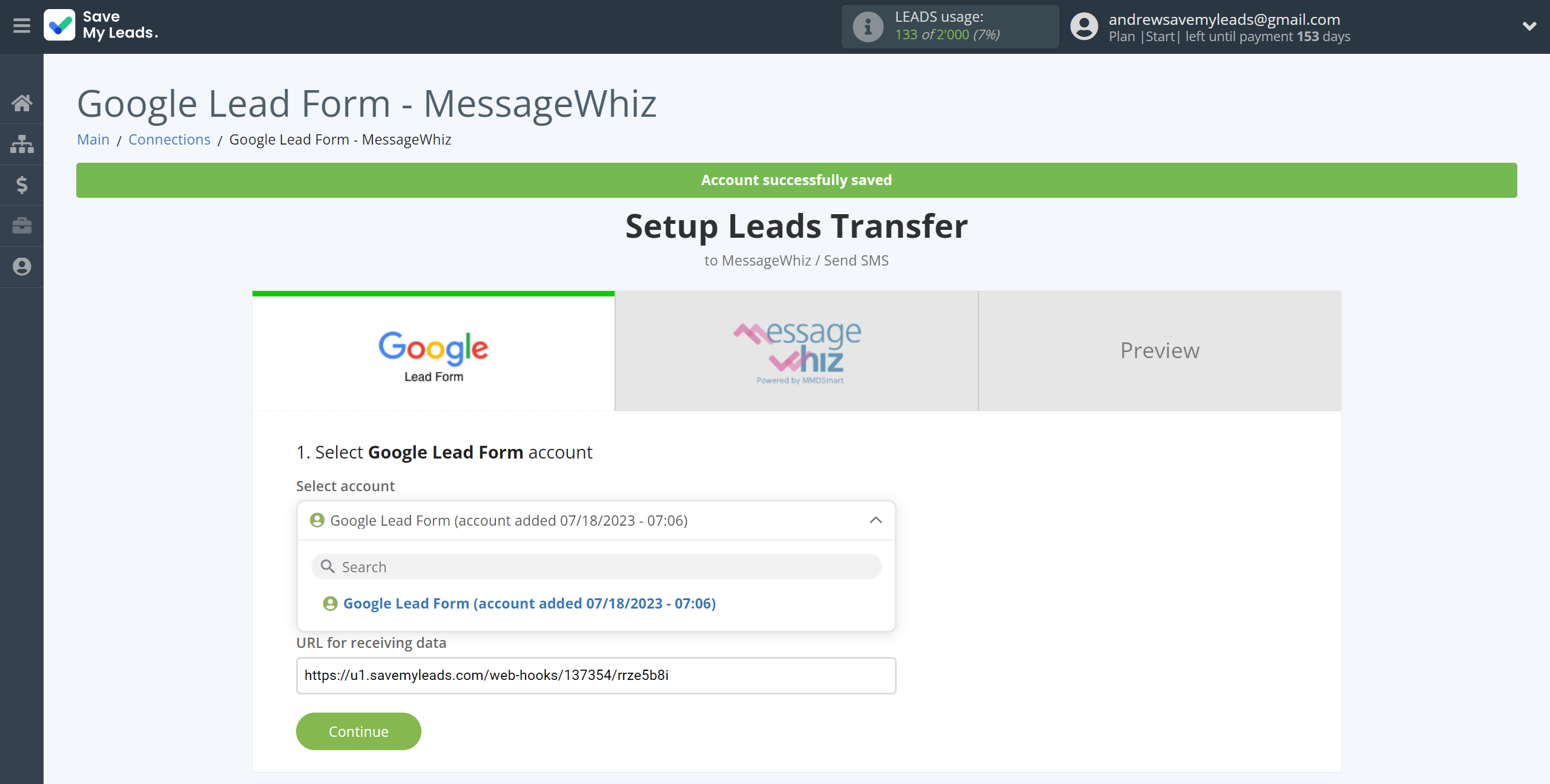 How to Connect Google Lead Form with MessageWhiz | Data Source account selection