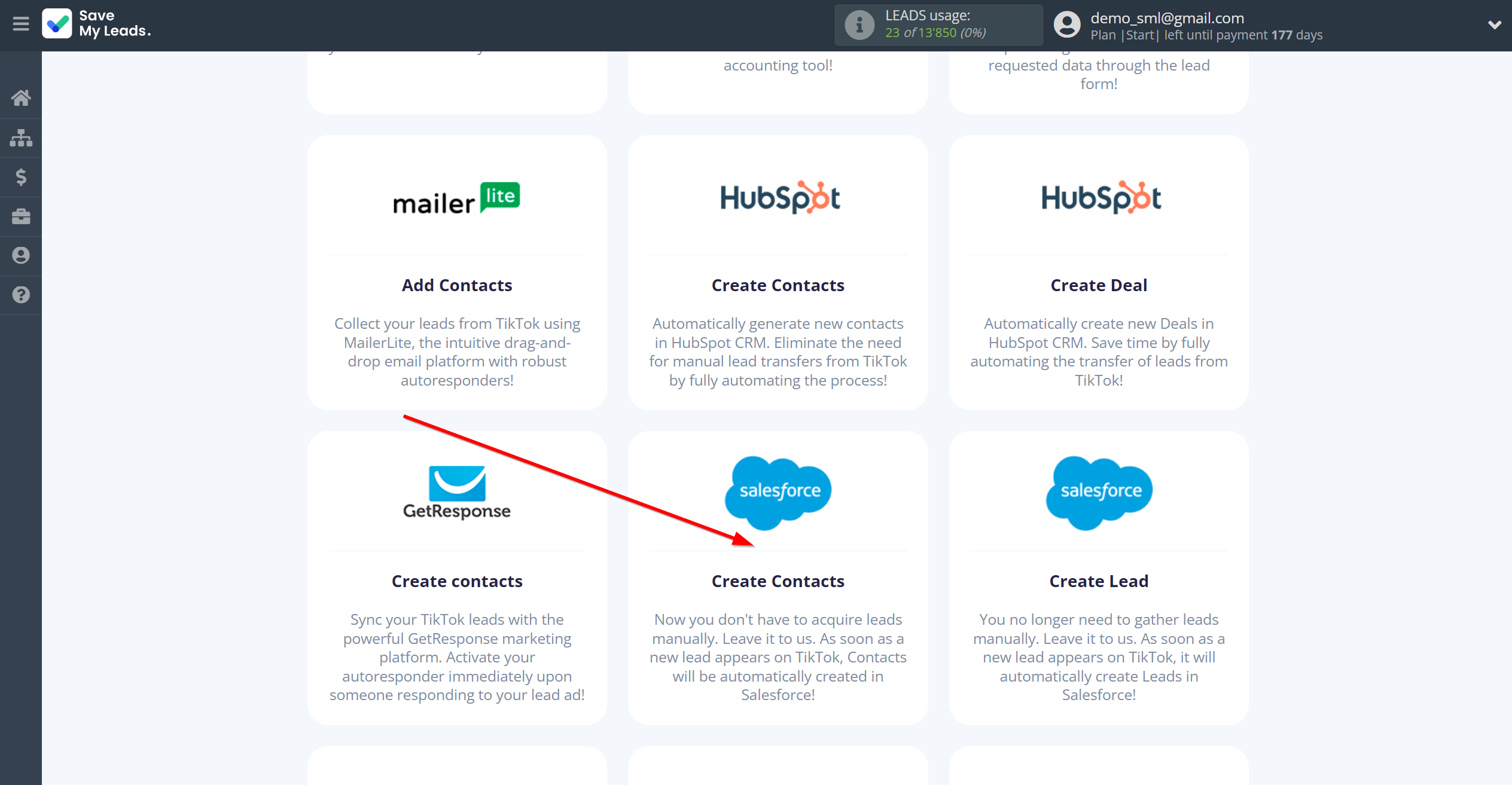 How to Connect TikTok with Salesforce CRM Create Contacts | Data Destination system selection