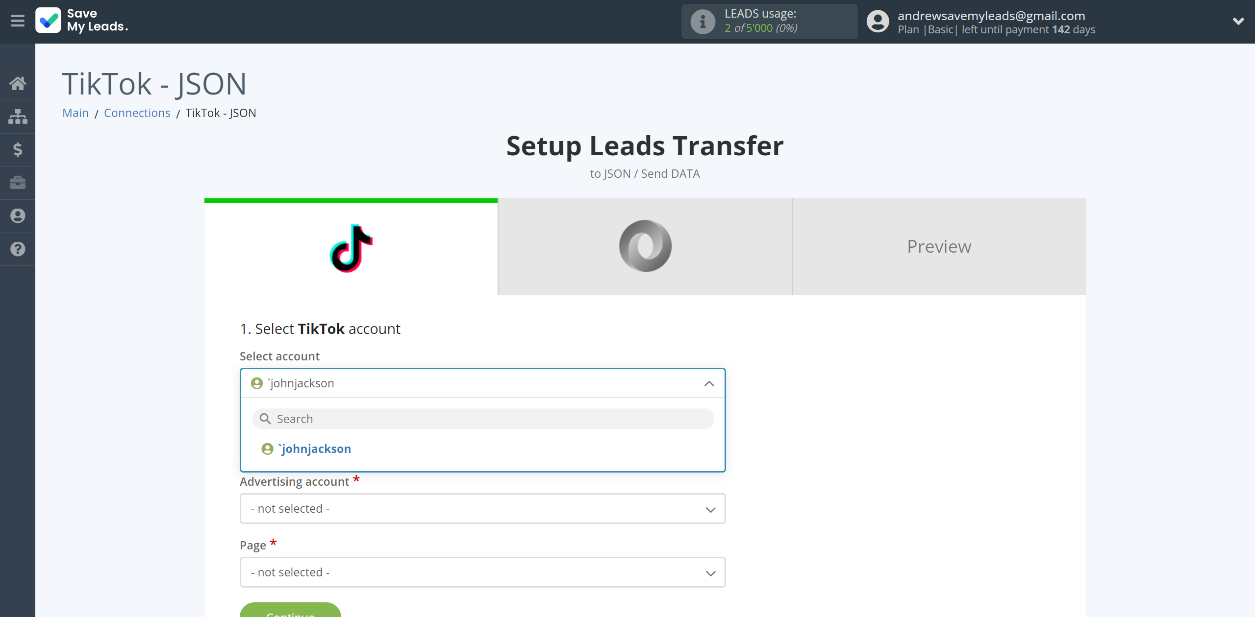 How to Connect TikTok with JSON | Data Source account selection