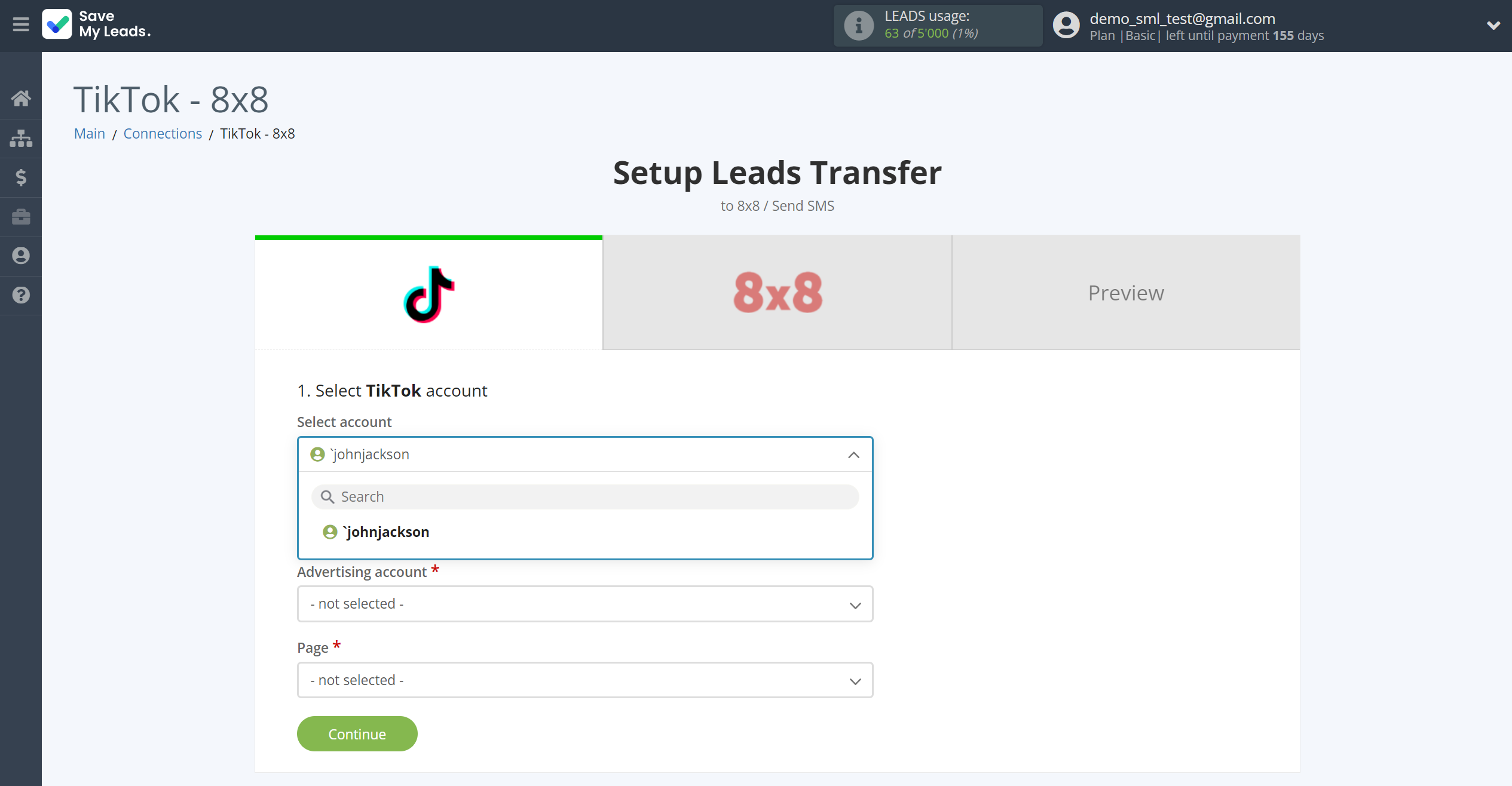 How to Connect TikTok with 8x8 | Data Source account selection