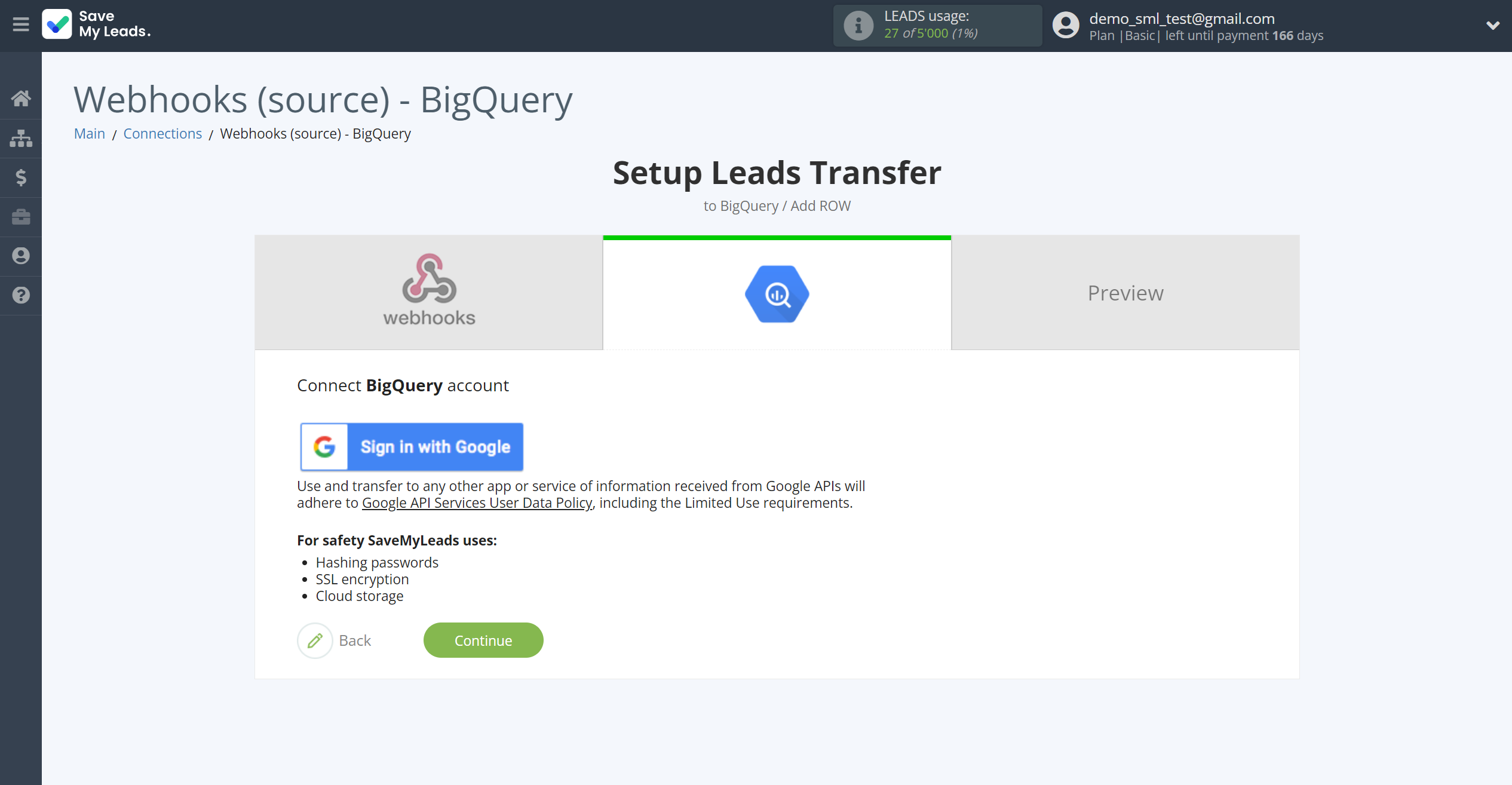 How to Connect Webhooks with&nbsp;BigQuery | Data Destination account connection