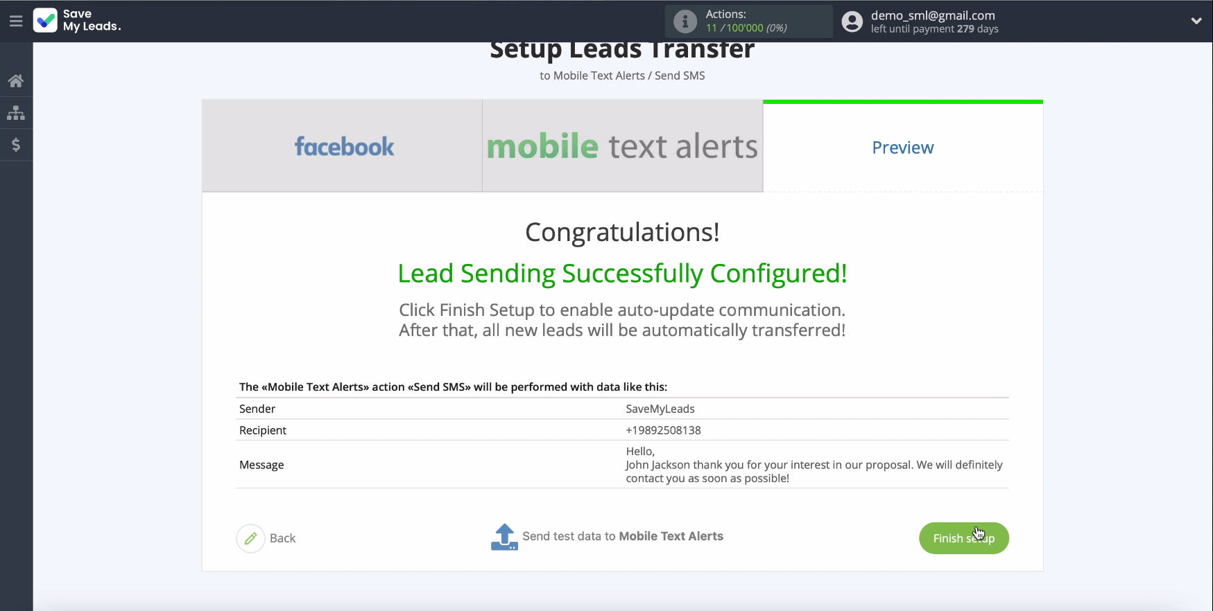 Facebook and Mobile Text Alerts integration | Completing the setup