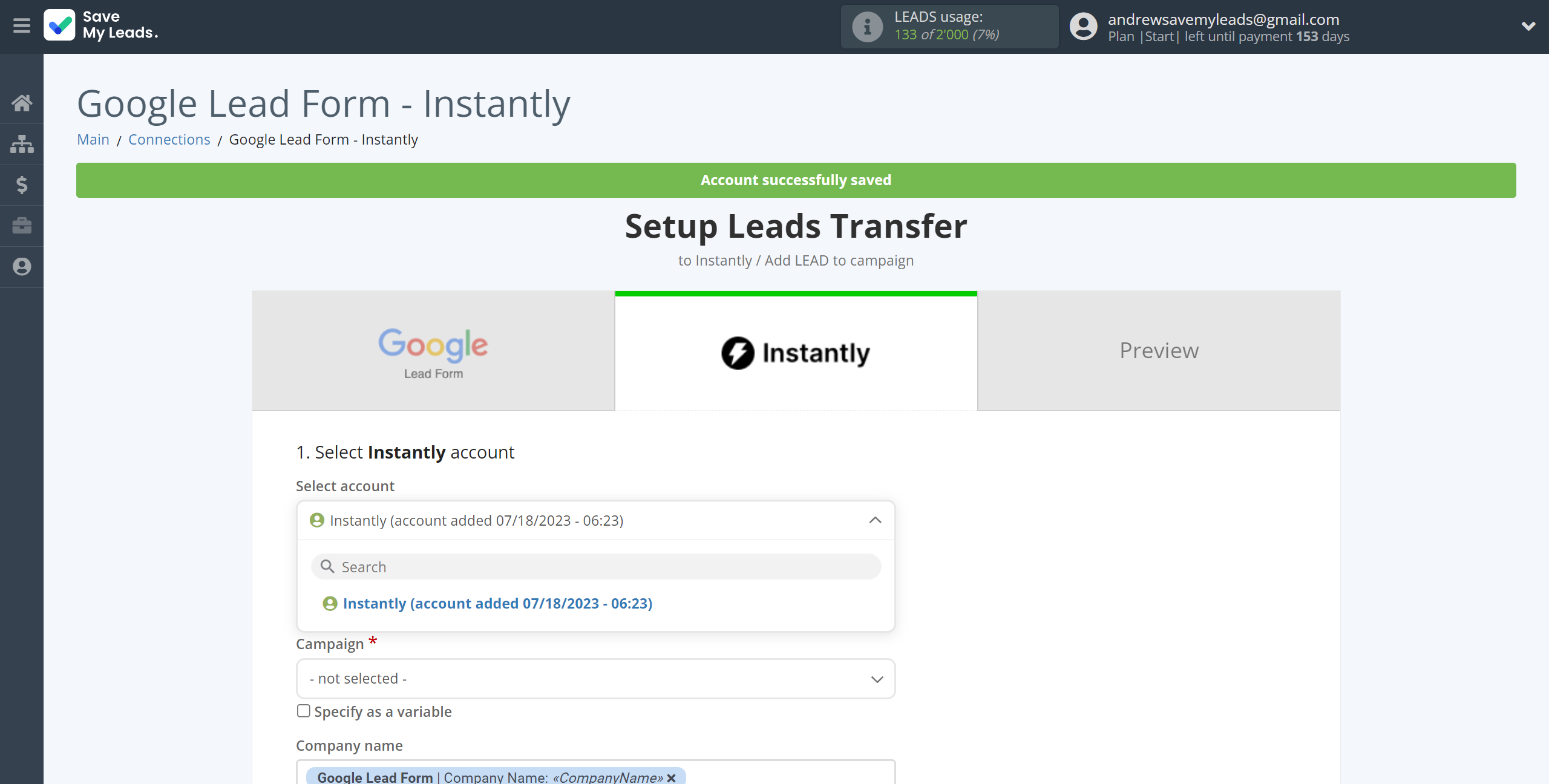 How to Connect Google Lead Form with Instantly Add lead to campaign | Data Destination account selection