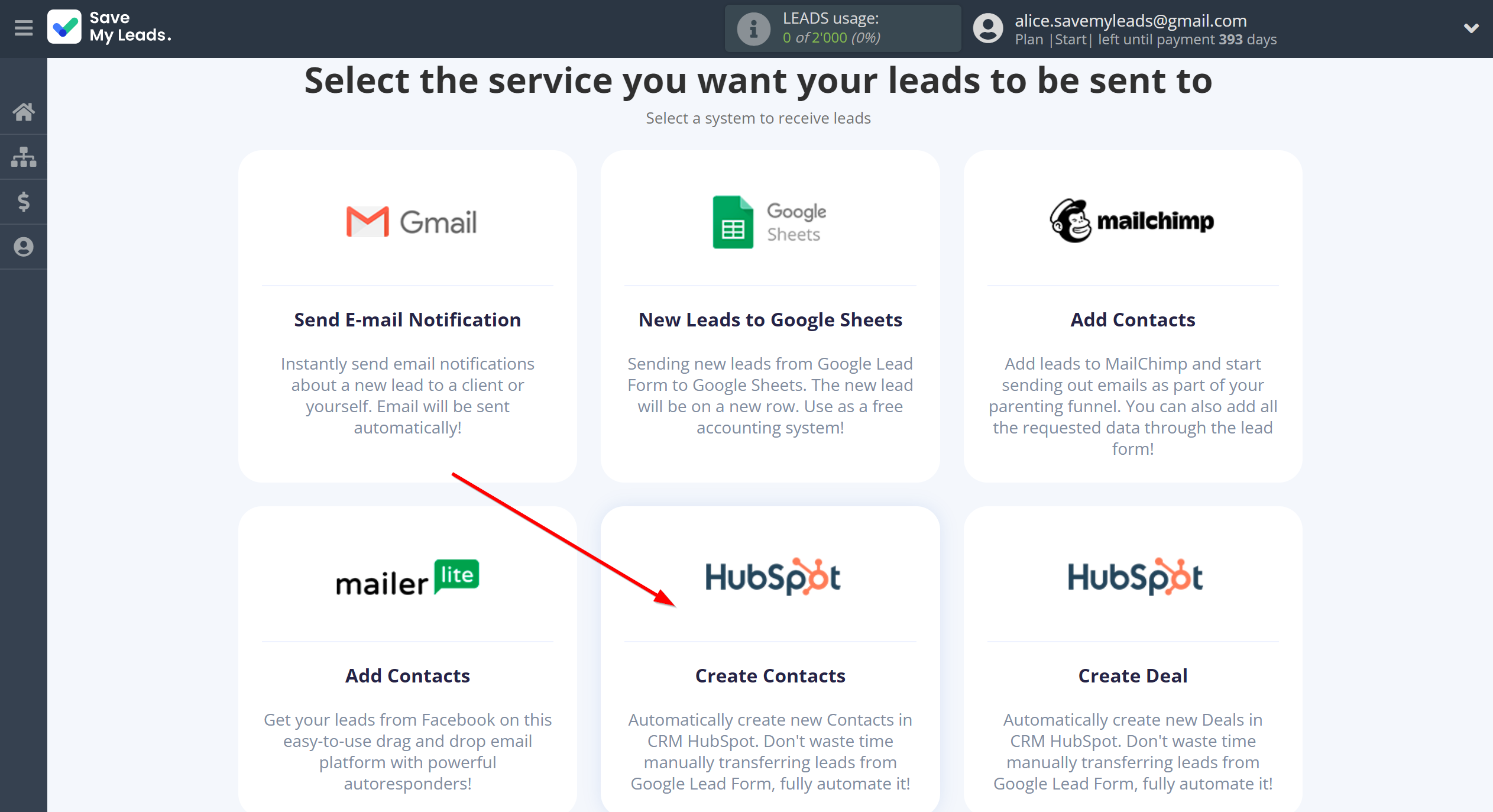 How to Connect Google Lead Form with HubSpot Create Contacts | Data Destination system selection