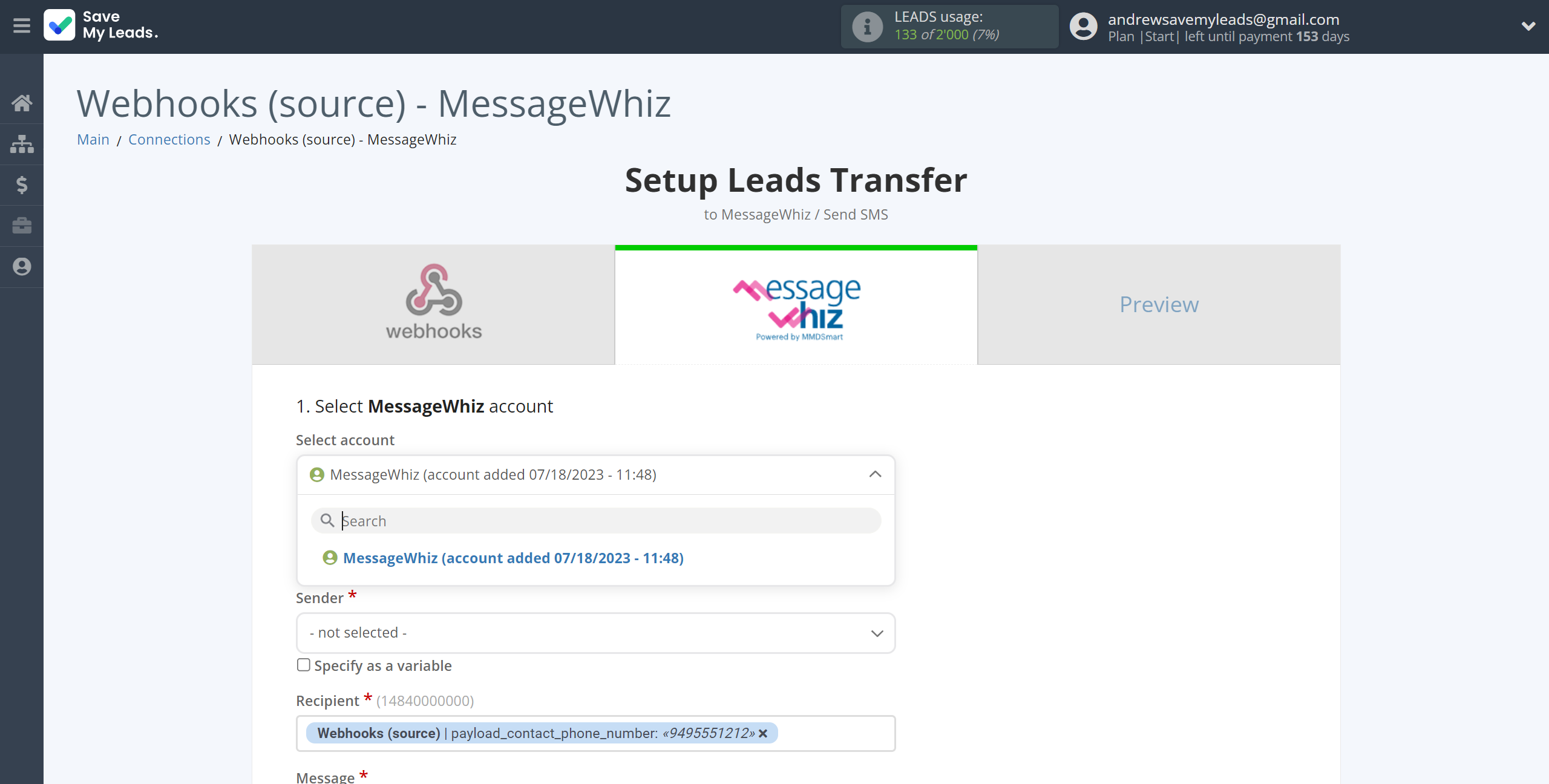 How to Connect Webhooks with MessageWhiz | Data Destination account selection