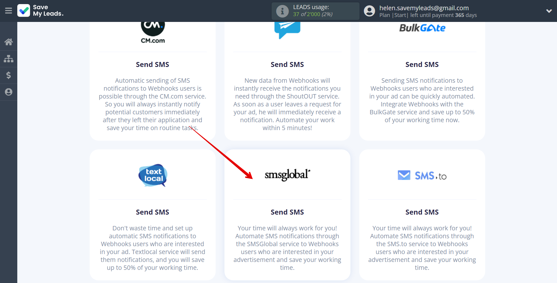 How to Connect Webhooks with SMSGlobal | Data Destination system selection