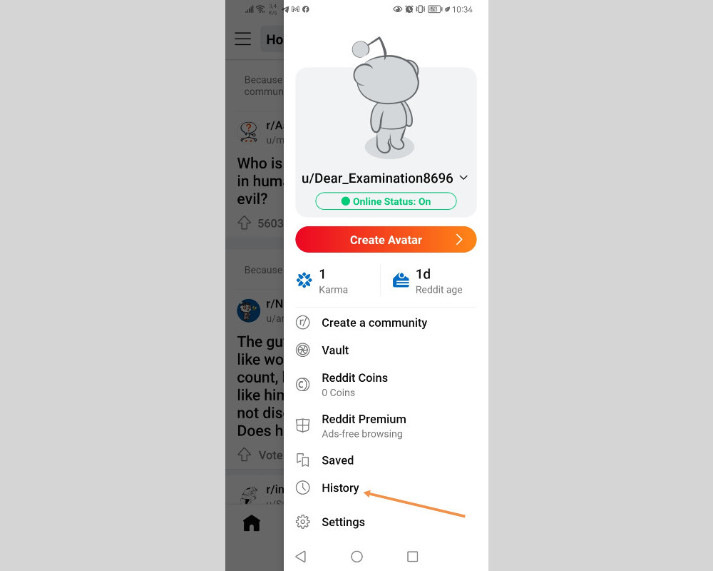  How to delete Reddit history | Click "History"<br>