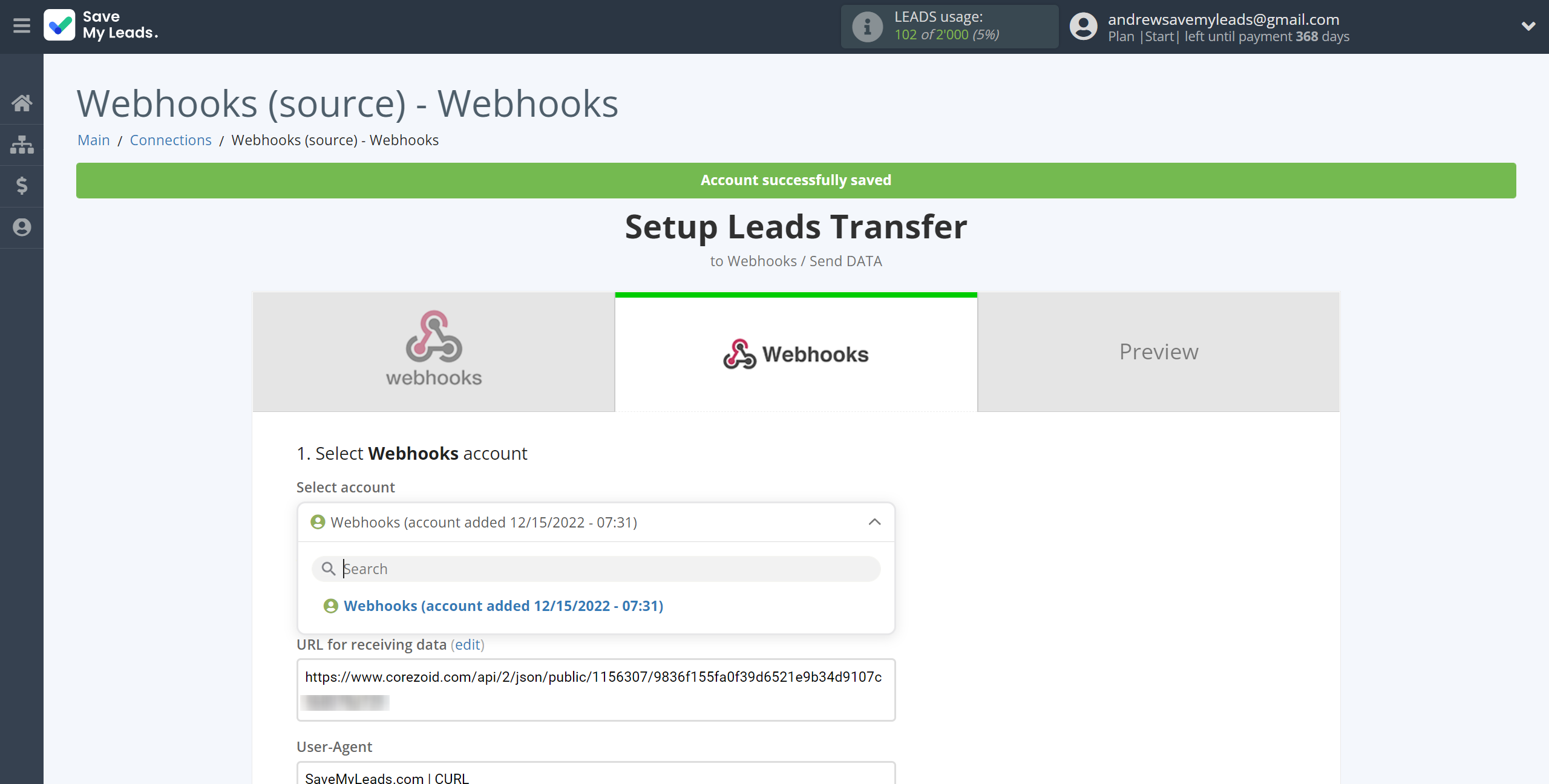 How to Connect Webhooks with Webhooks | Data Destination account selection