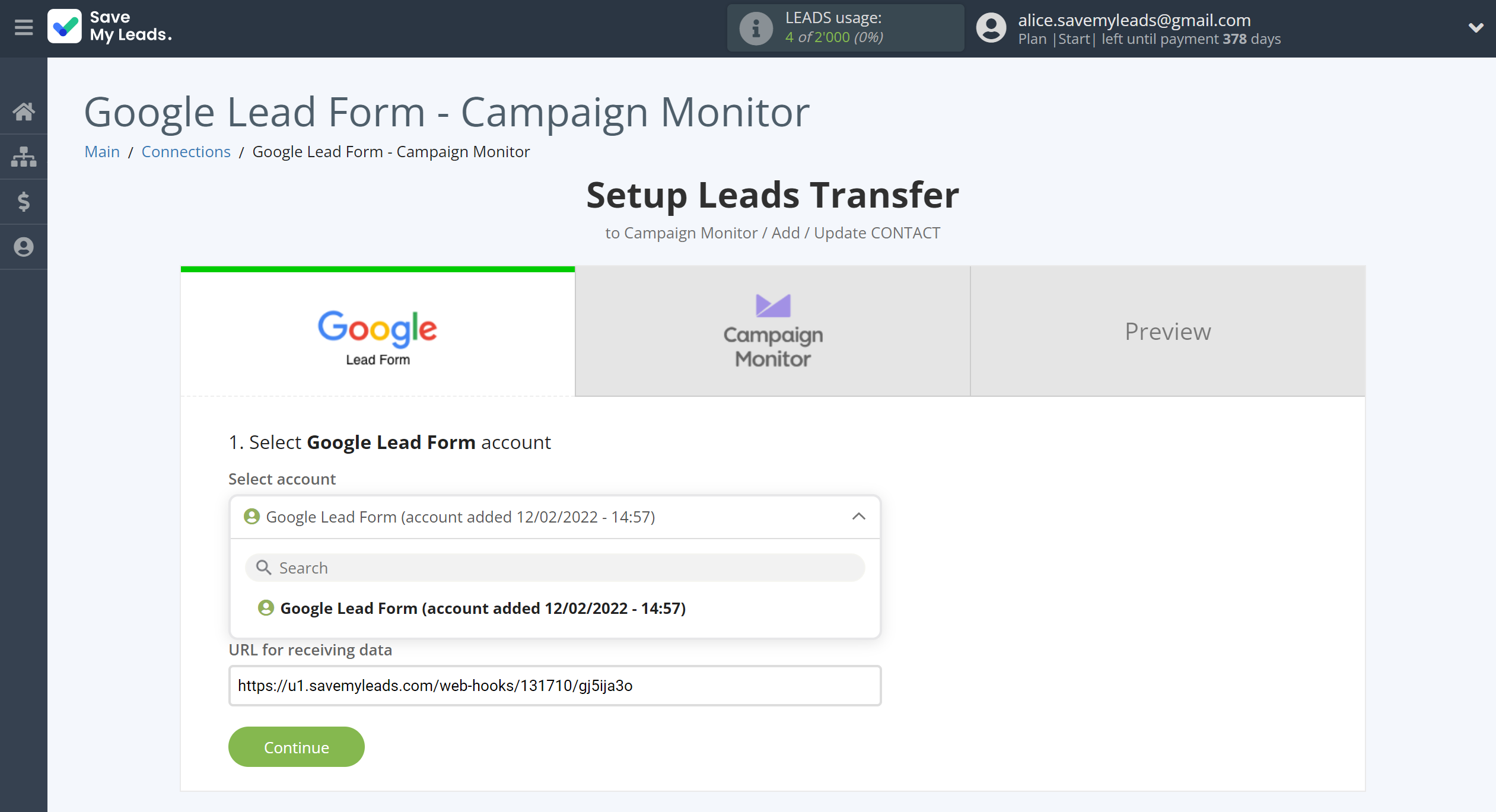 How to Connect Google Lead Form with Campaign Monitor | Data Source account selection