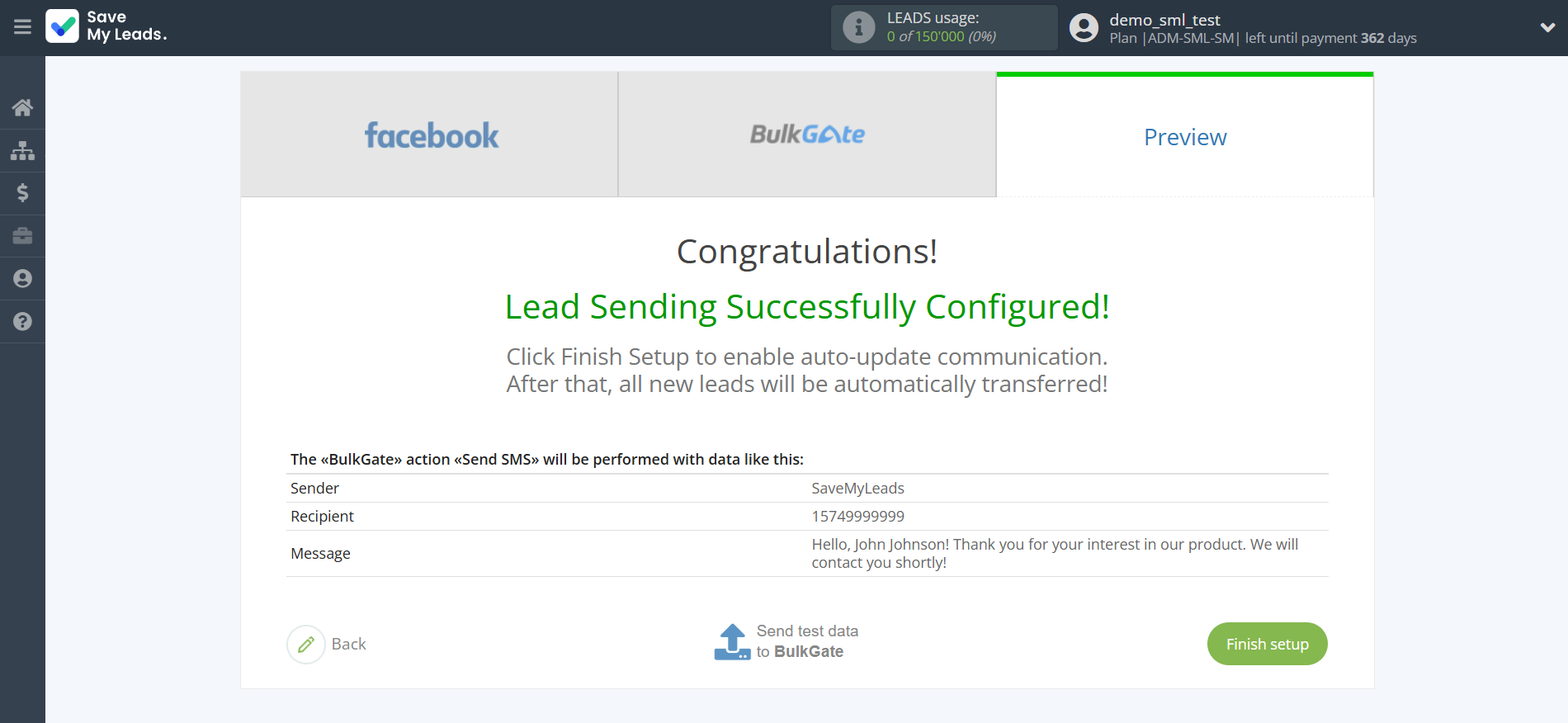 How to Connect Facebook with BulkGate | Test data