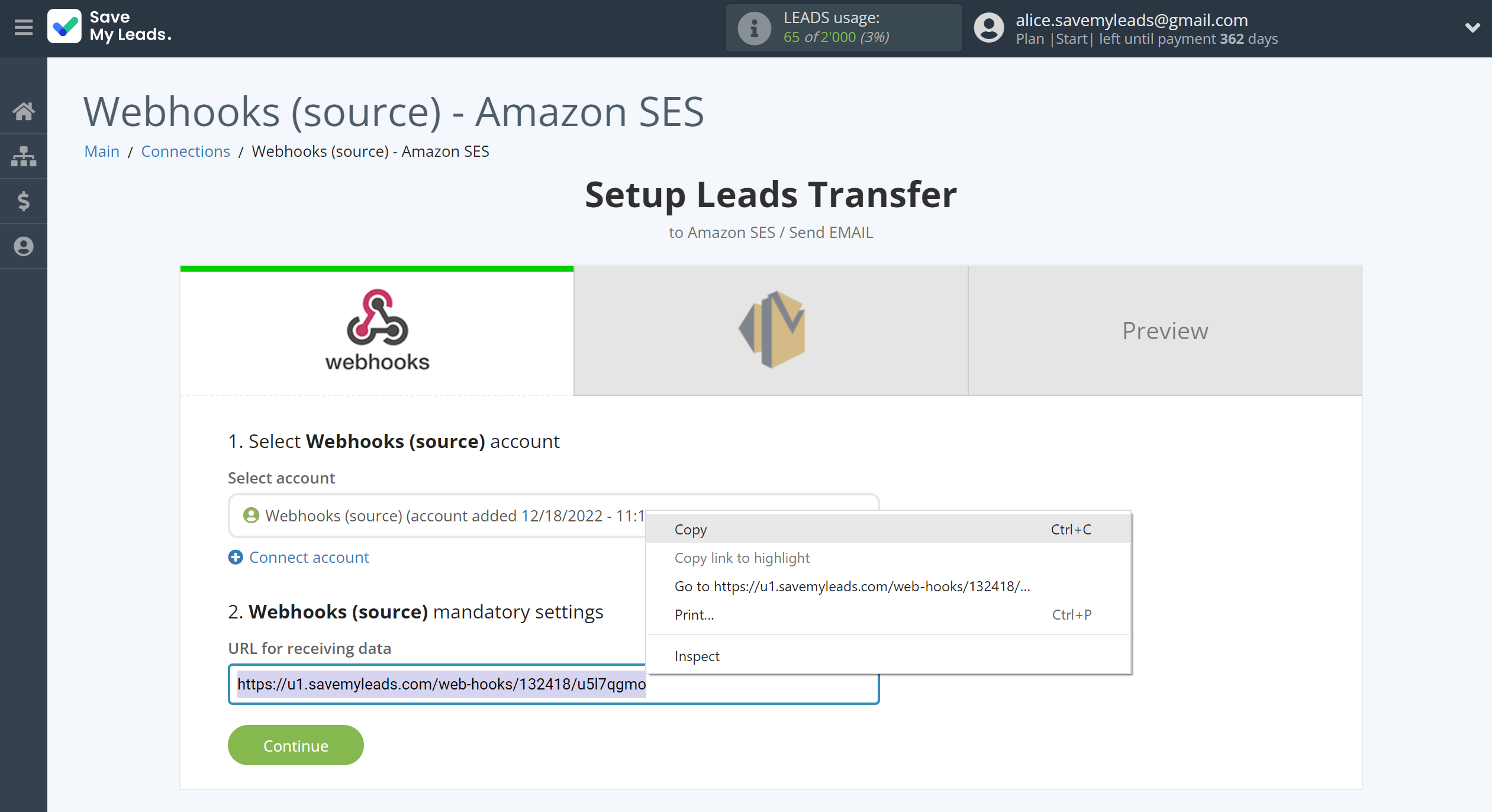 How to Connect Webhooks with Amazon SES | Data Source account connection