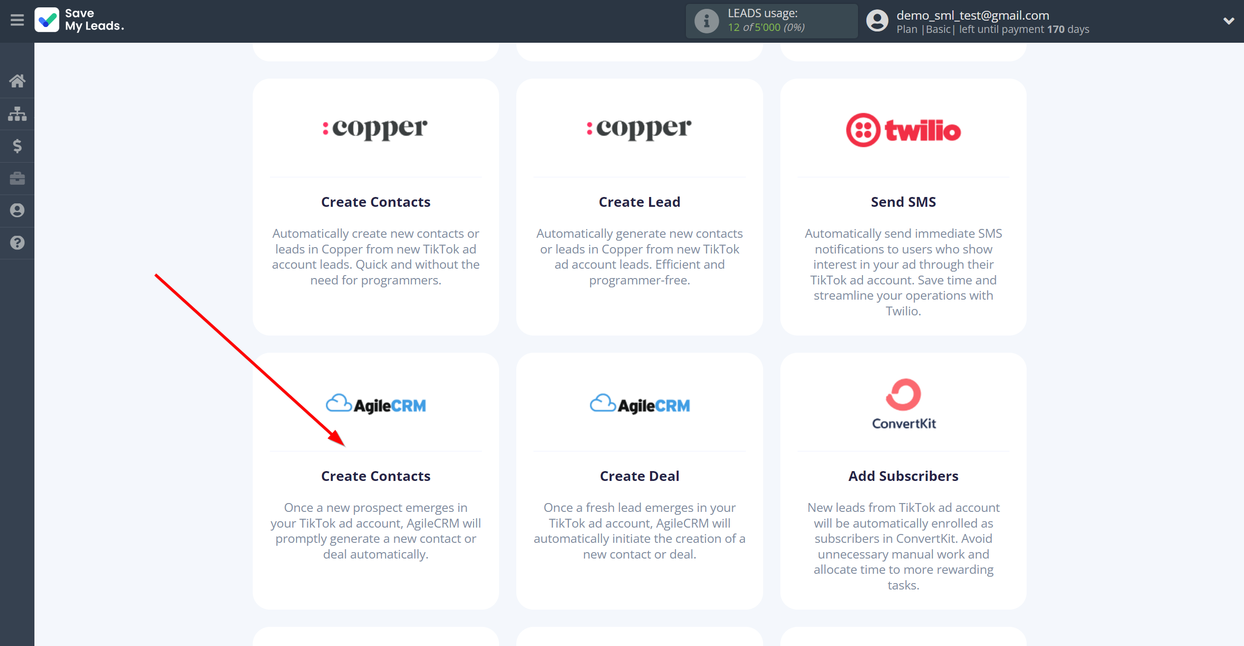 How to Connect&nbsp;TikTok with AgileCRM Create Contacts | Data Destination system selection