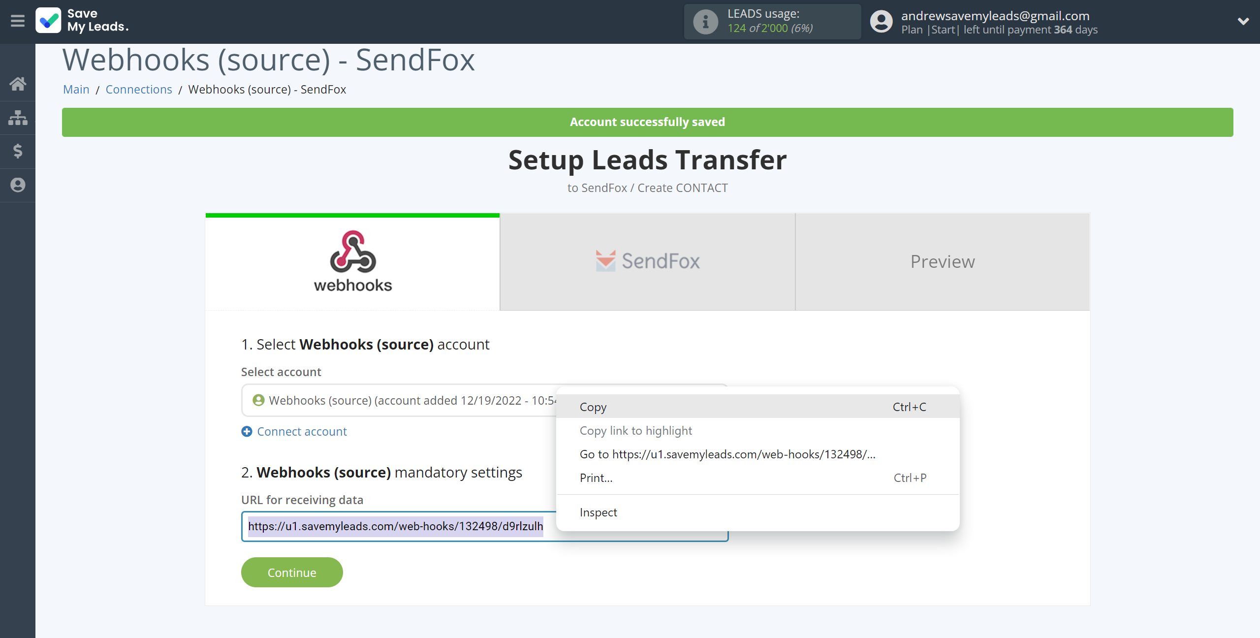 How to Connect Webhooks with SendFox | Data Source account connection