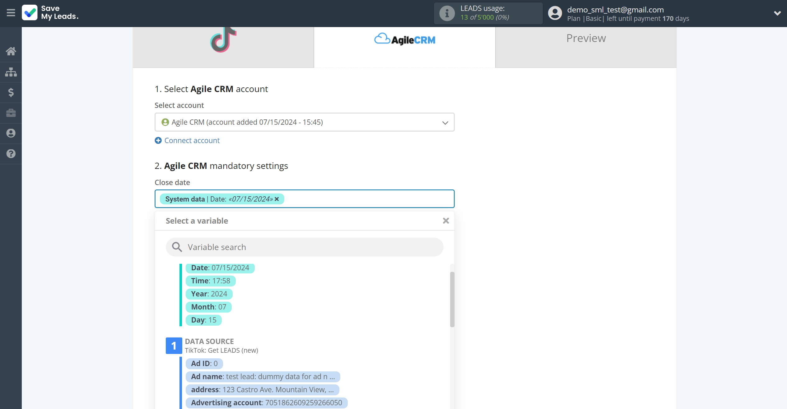 How to Connect TikTok with AgileCRM Create Deal | Assigning fields