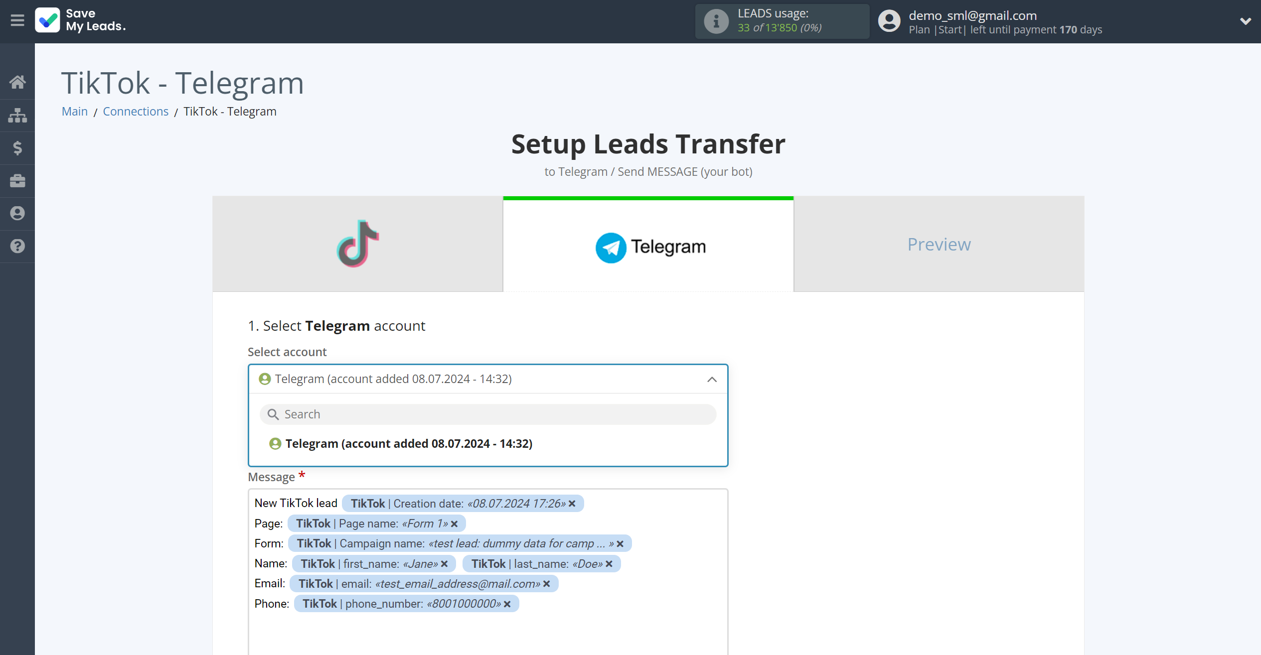 How to Connect TikTok with Telegram (your bot) | Data Destination account selection