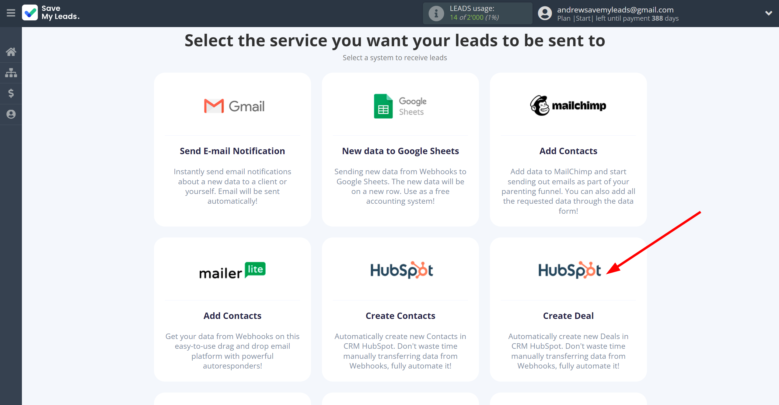 How to Connect Webhooks with HubSpot Create Deal | Data Destination system selection