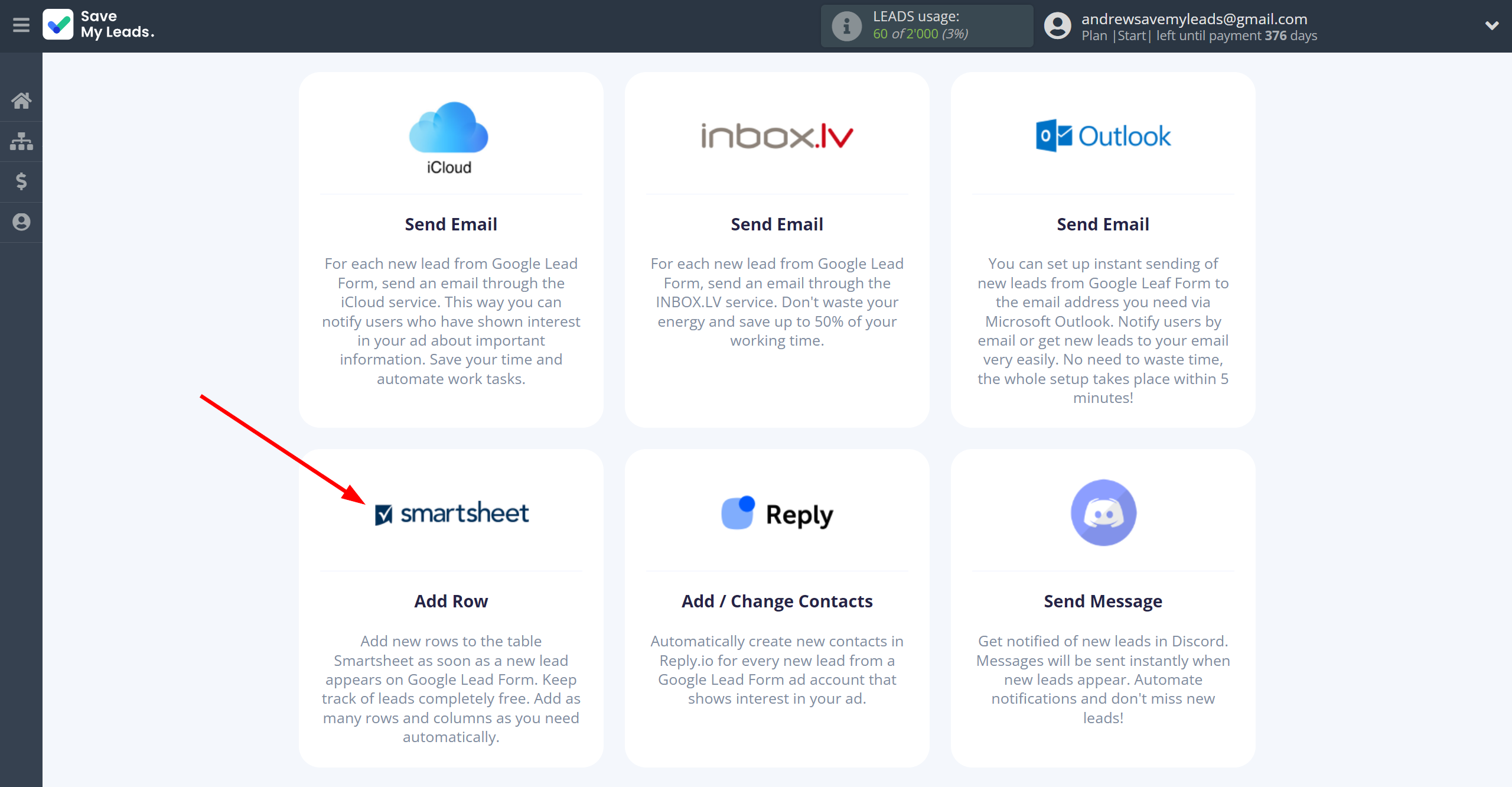 How to Connect Google Lead Form with Smartsheet | Data Destination system selection