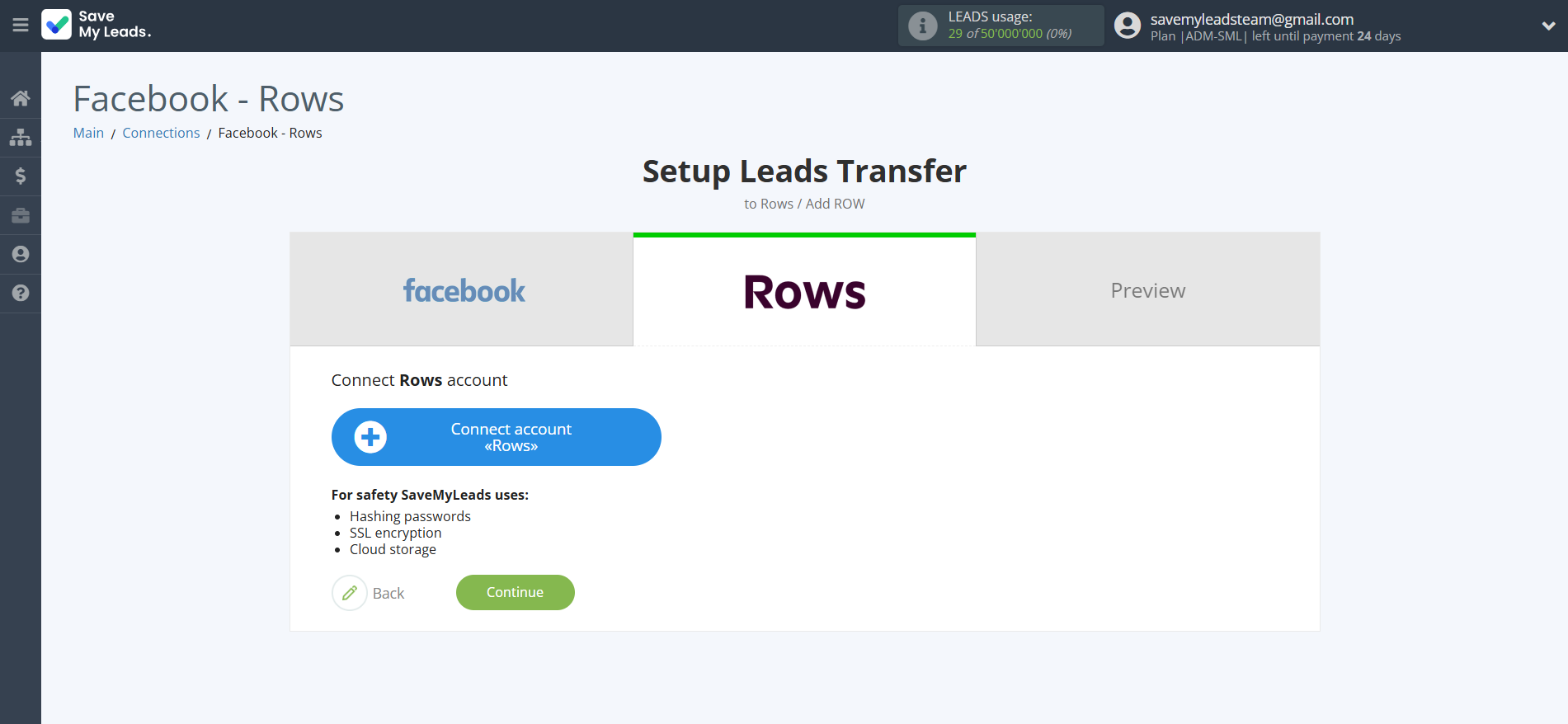 How to Connect Facebook with Rows Add Row | Data Destination account connection