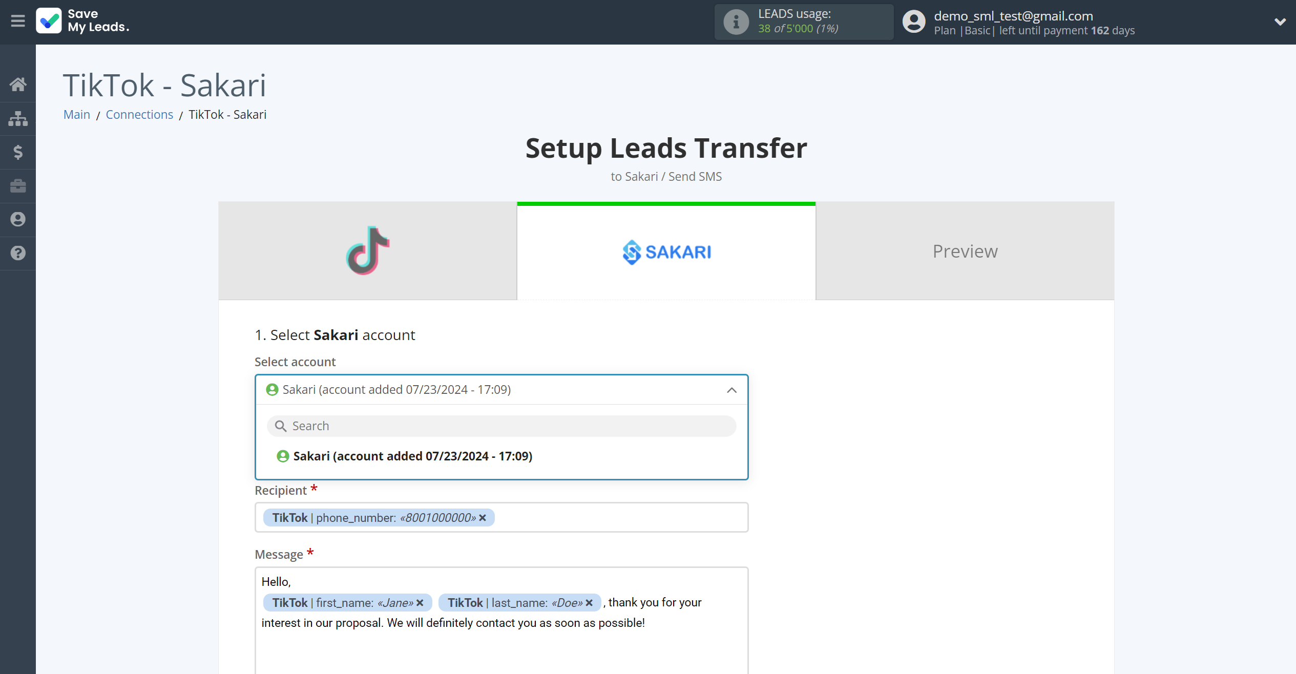 How to Connect TikTok with Sakari | Data Destination account selection