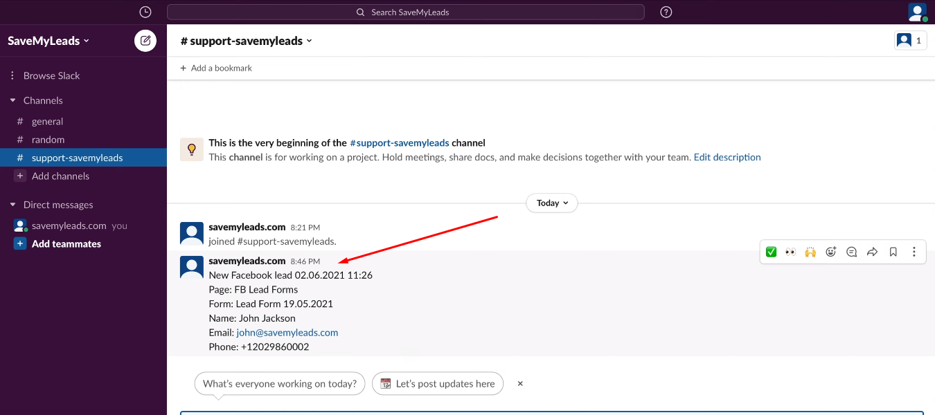 Facebook and Slack integration | Check the connection