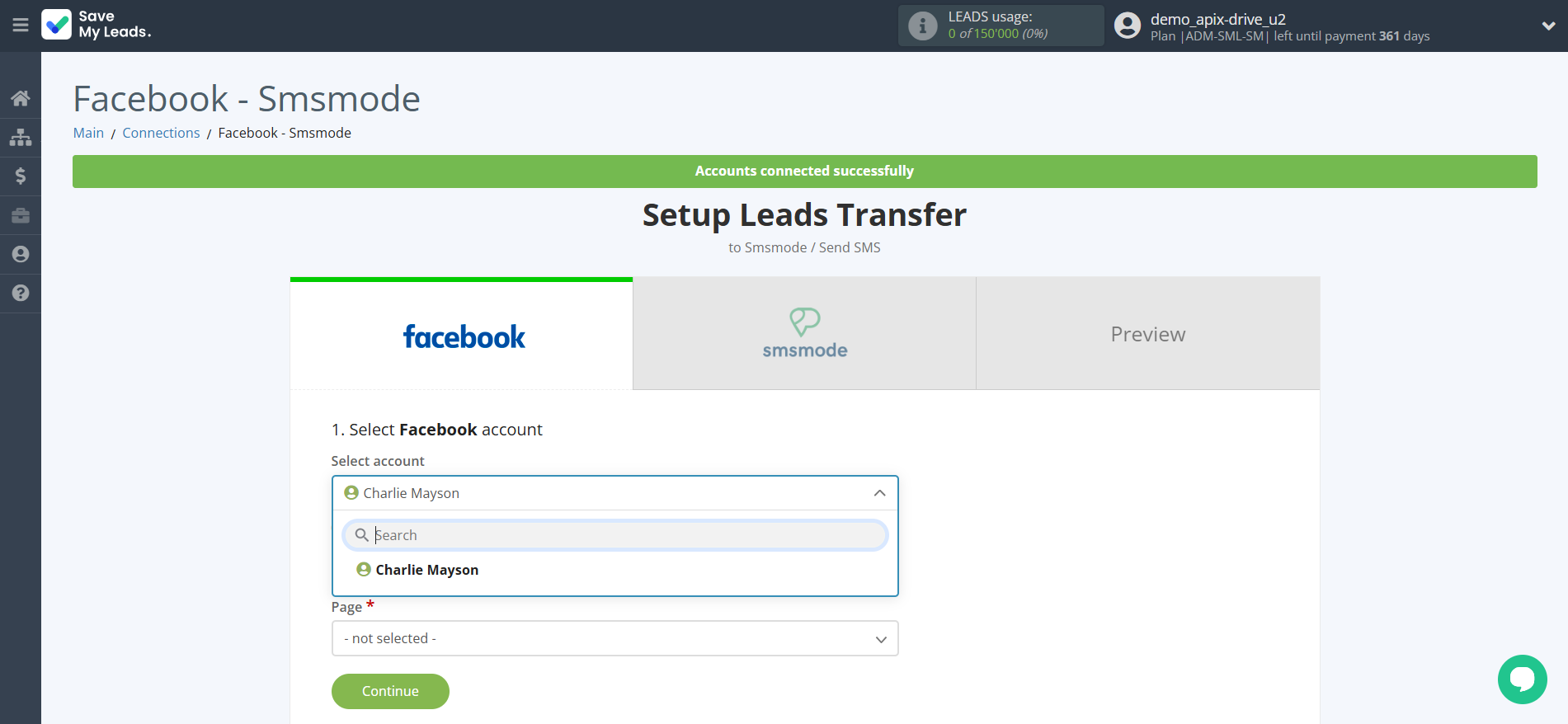 How to Connect Facebook with Smsmode | Data Source account selection